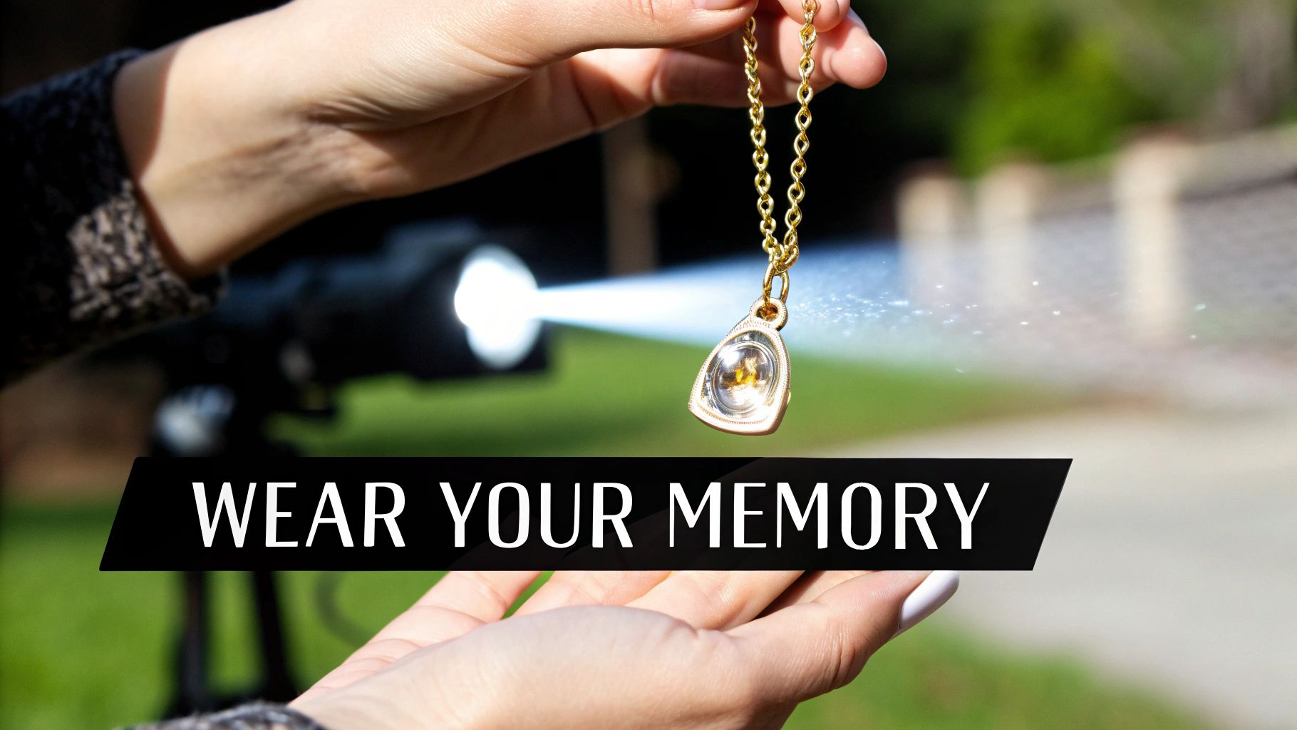 A person holds a golden pendant with a memory encased, illuminated by a light beam, against a blurred outdoor background.