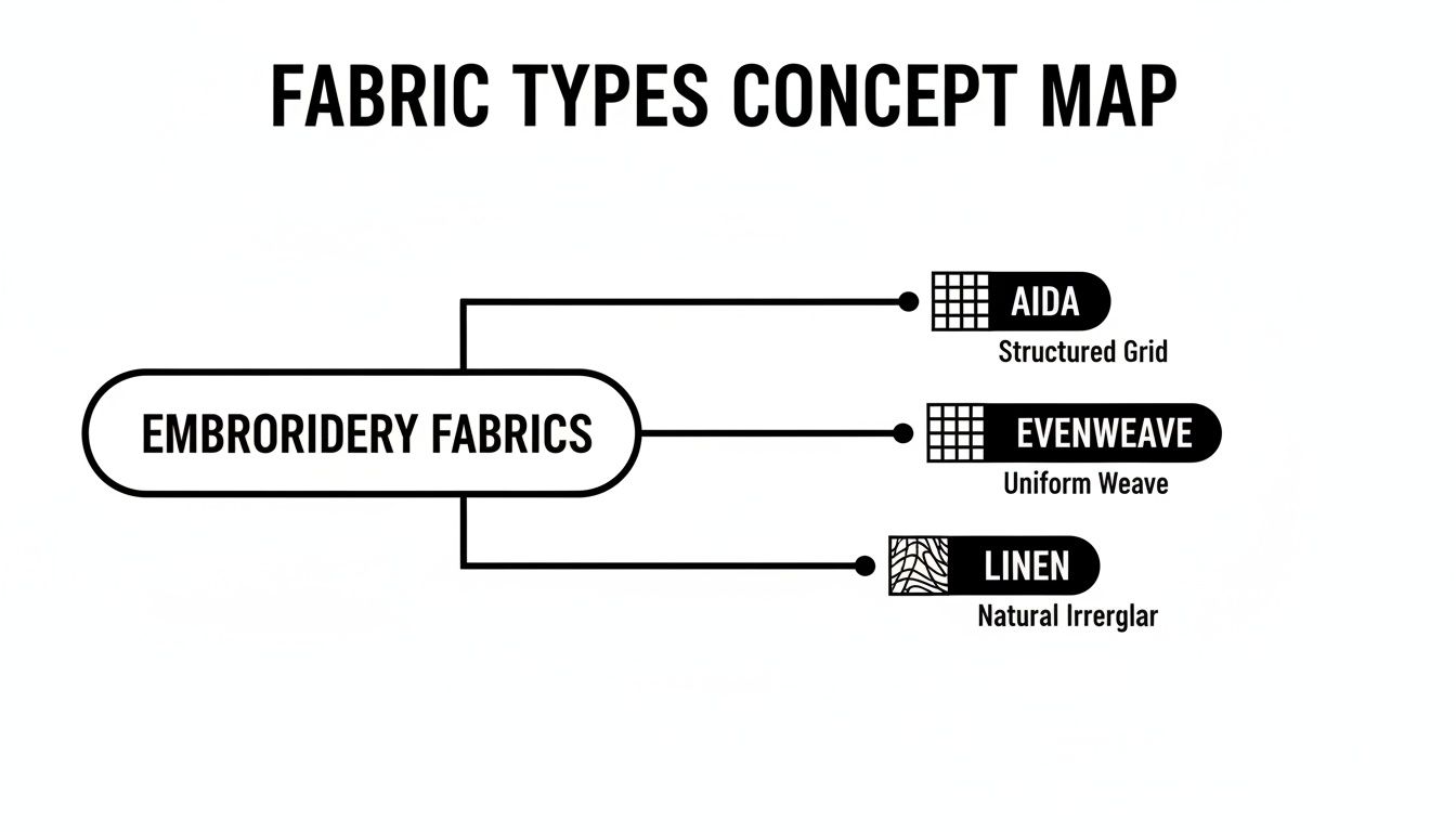Embroidery fabrics concept map showing Aida (structured grid), Evenweave (uniform weave), and Linen (natural irregular).