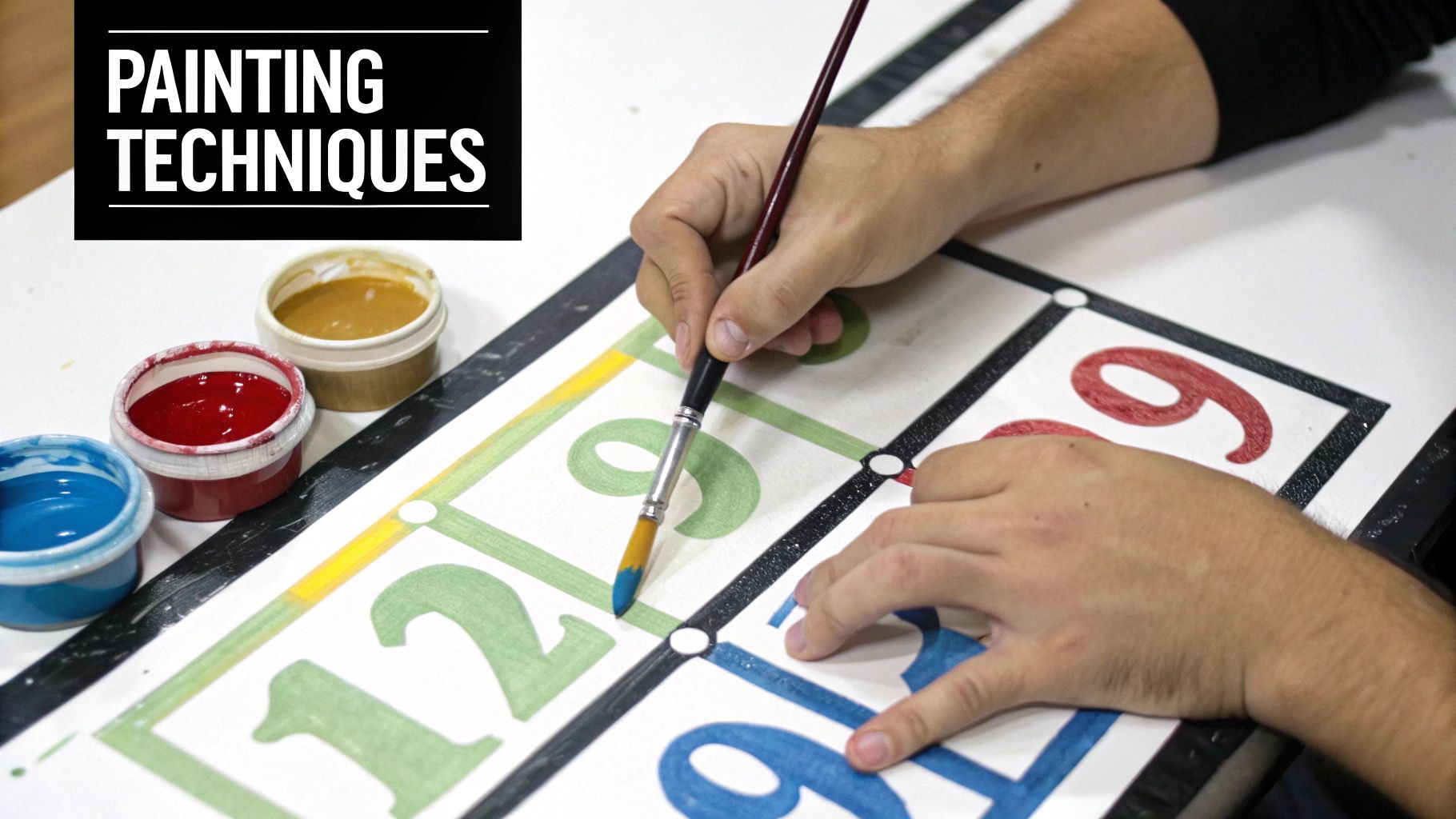 Hands painting colorful numbers on a canvas with a brush, demonstrating various painting techniques.