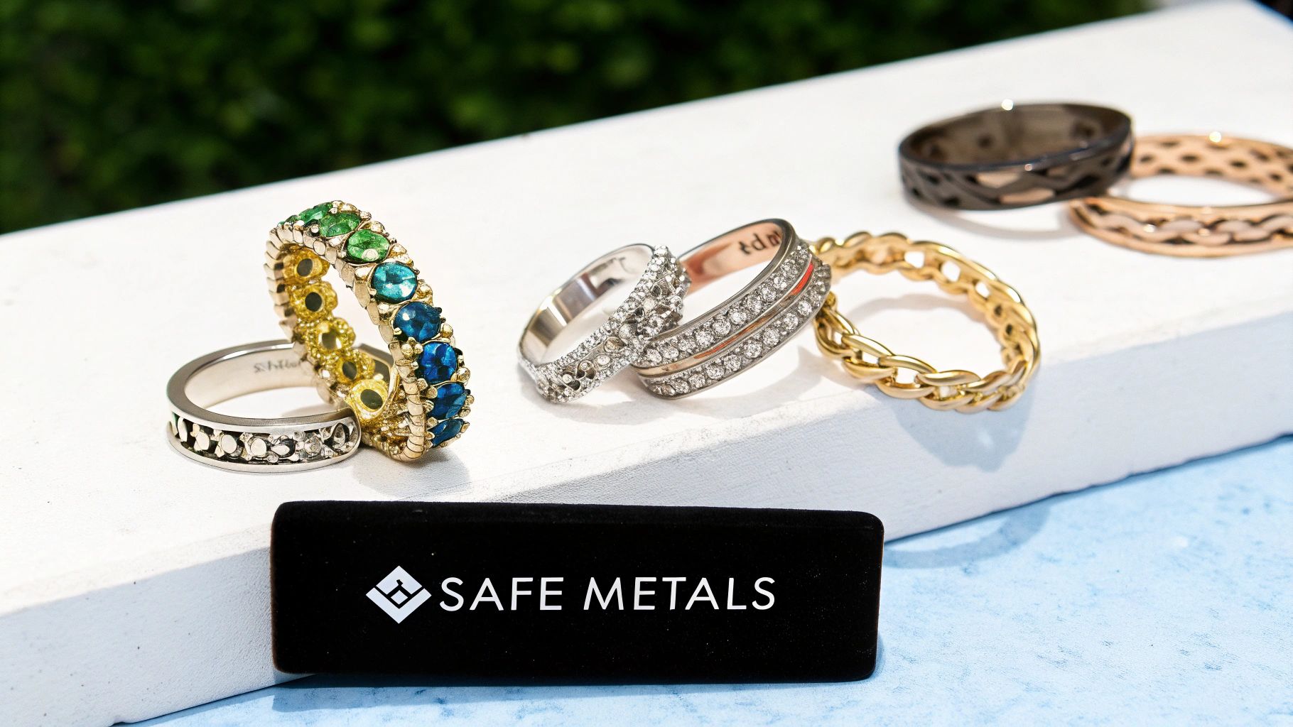 Close-up of a hypoallergenic platinum necklace resting on a neutral background.