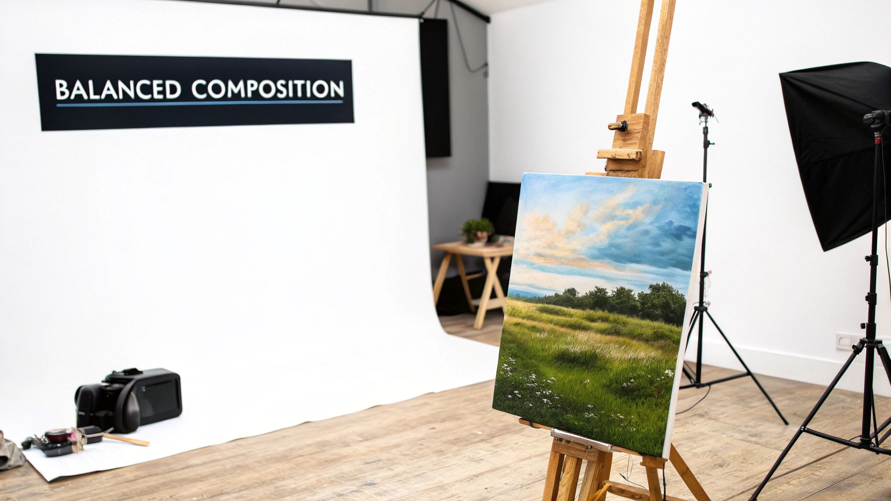 A vibrant landscape painting on an easel in a well-lit art studio with camera equipment.