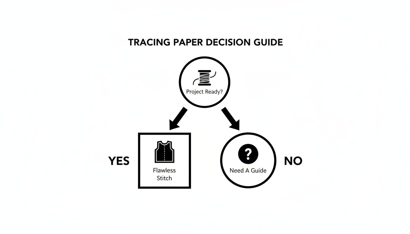 A tracing paper decision guide flowchart showing "Project Ready?" leading to "Flawless Stitch" (Yes) or "Need A Guide" (No).