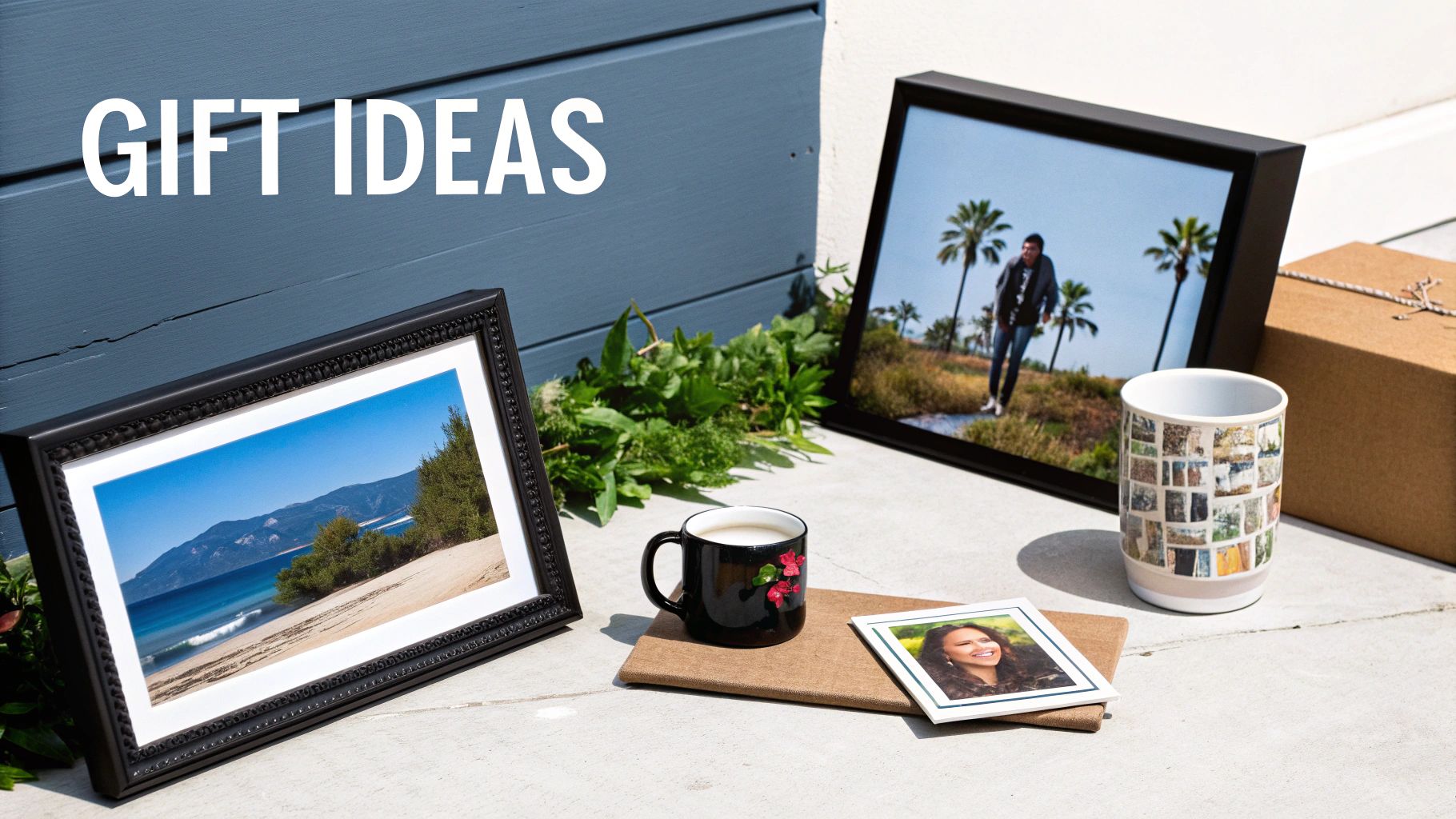 A collection of personalized photo gifts including framed prints, custom mugs, and a small framed photo.