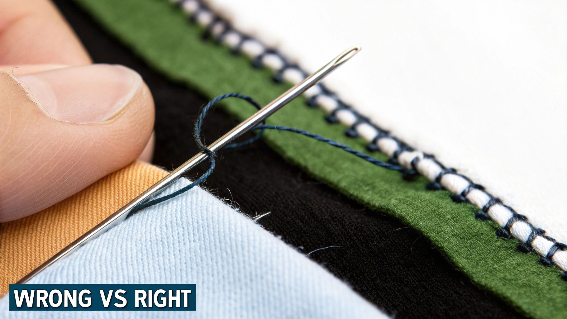 A close-up shot showing a cross stitch needle incorrectly piercing the fabric, causing a visible hole.