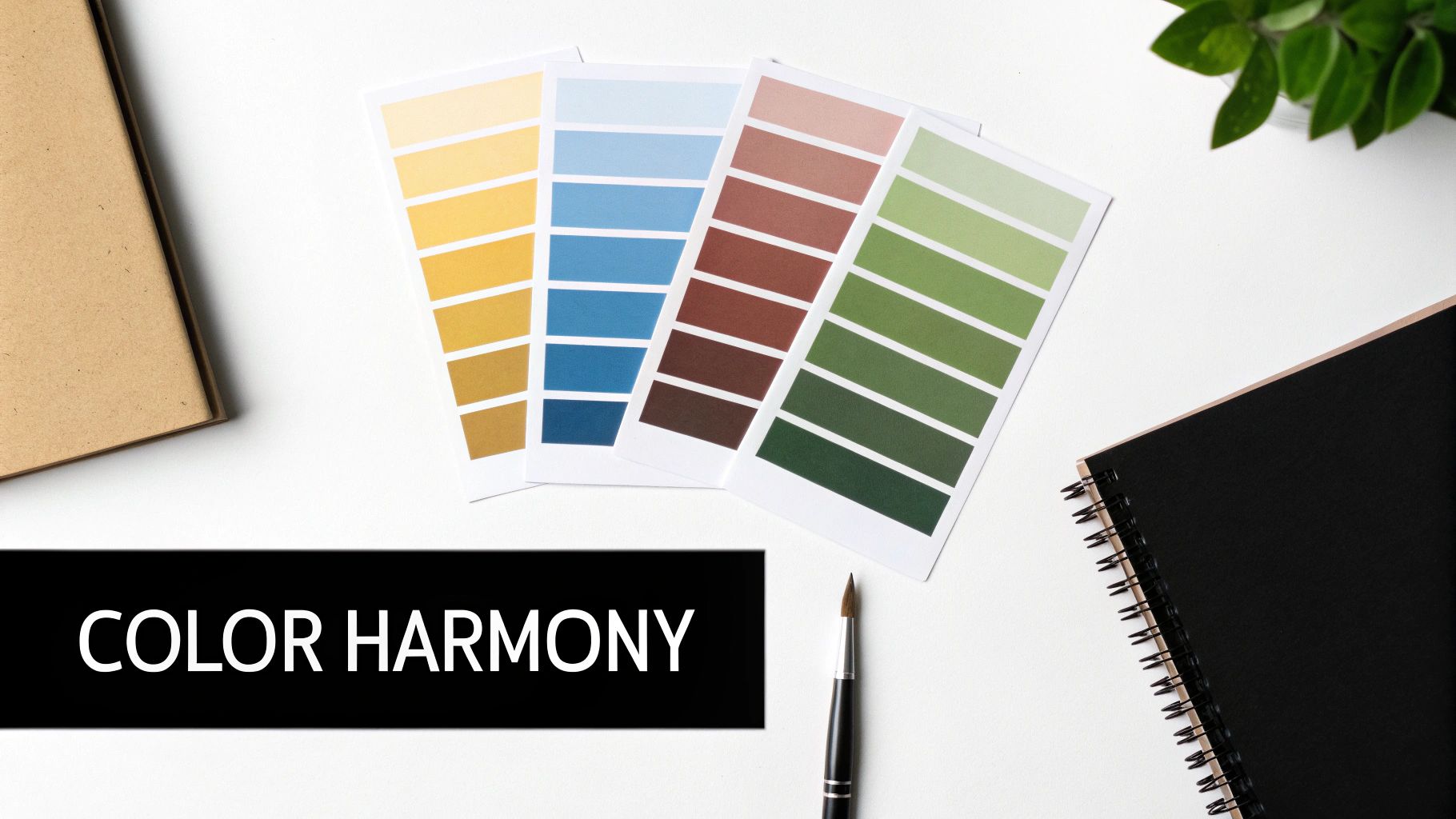 Flat lay of color swatch cards in yellow, blue, brown, and green, illustrating color harmony.