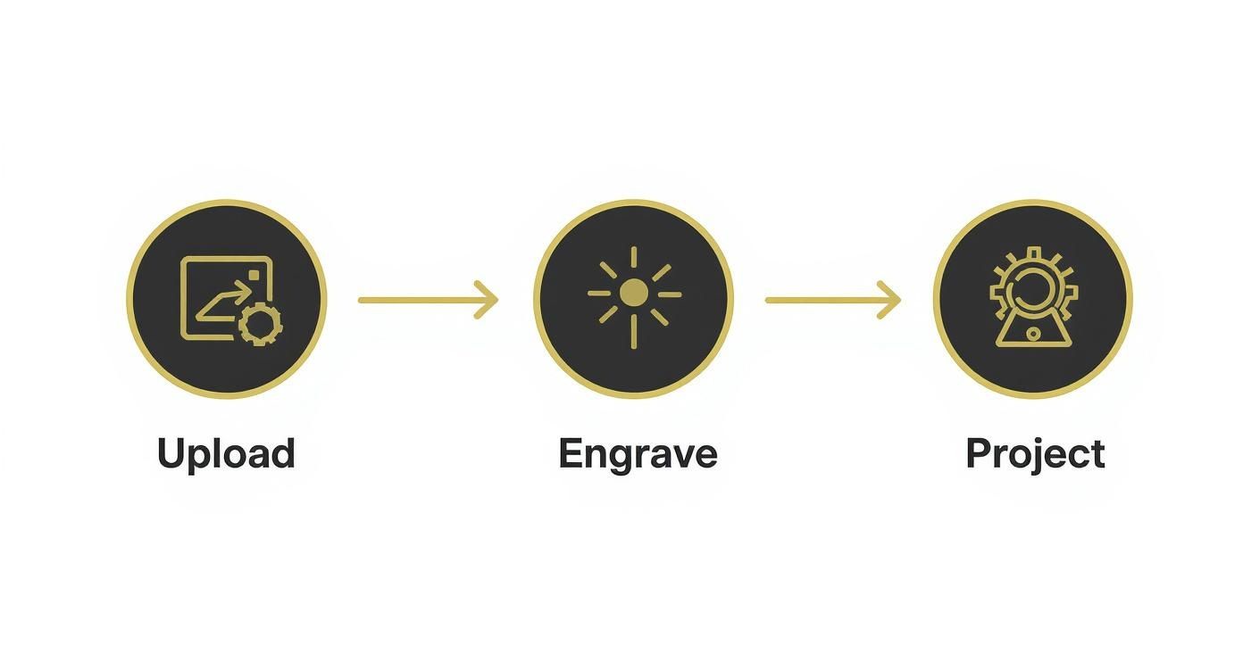A three-step workflow diagram showing icons and text for Upload, Engrave, and Project.