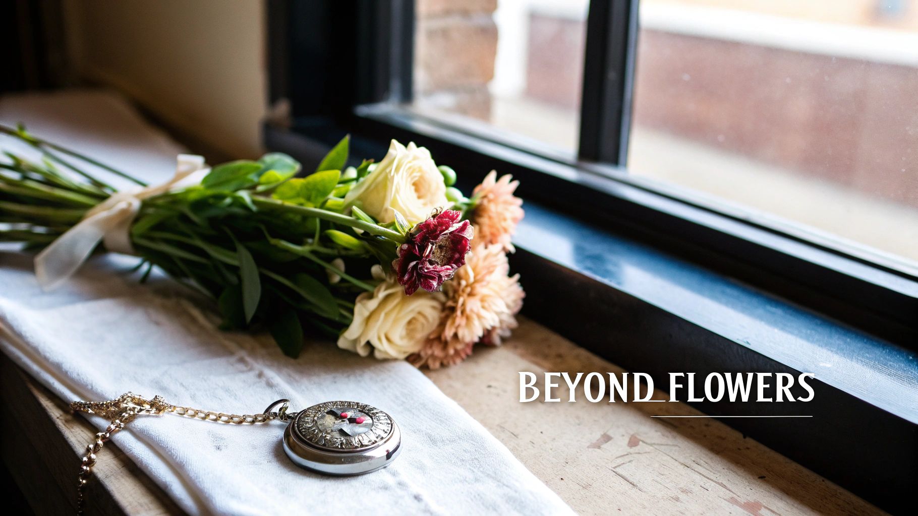 Elegant bouquet of roses and other flowers with a vintage pocket watch on a window sill.