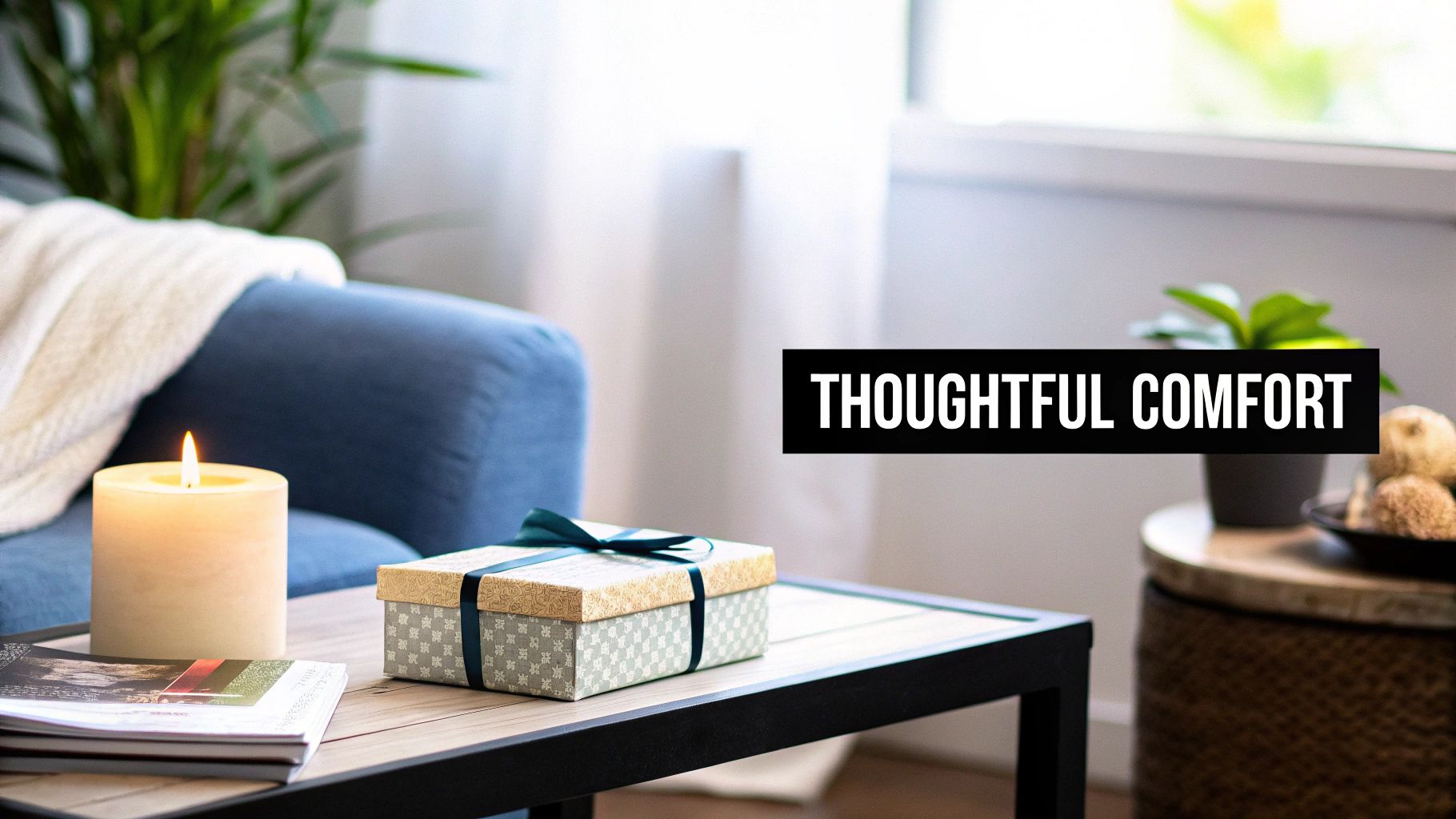 A cozy living room scene with a lit candle, magazines, and a beautifully wrapped gift box.