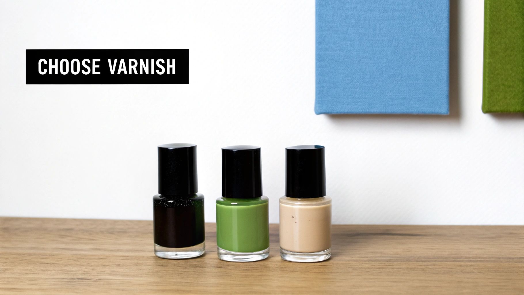 An array of varnish bottles with different finishes—gloss, satin, and matte—arranged on a wooden table next to paint brushes.