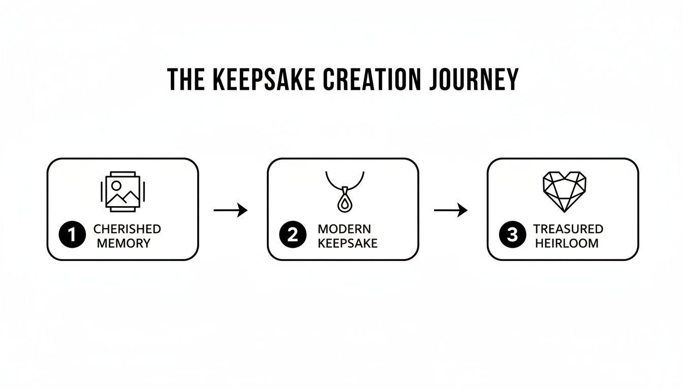 A diagram illustrating the keepsake creation journey from cherished memory to modern keepsake to treasured heirloom.
