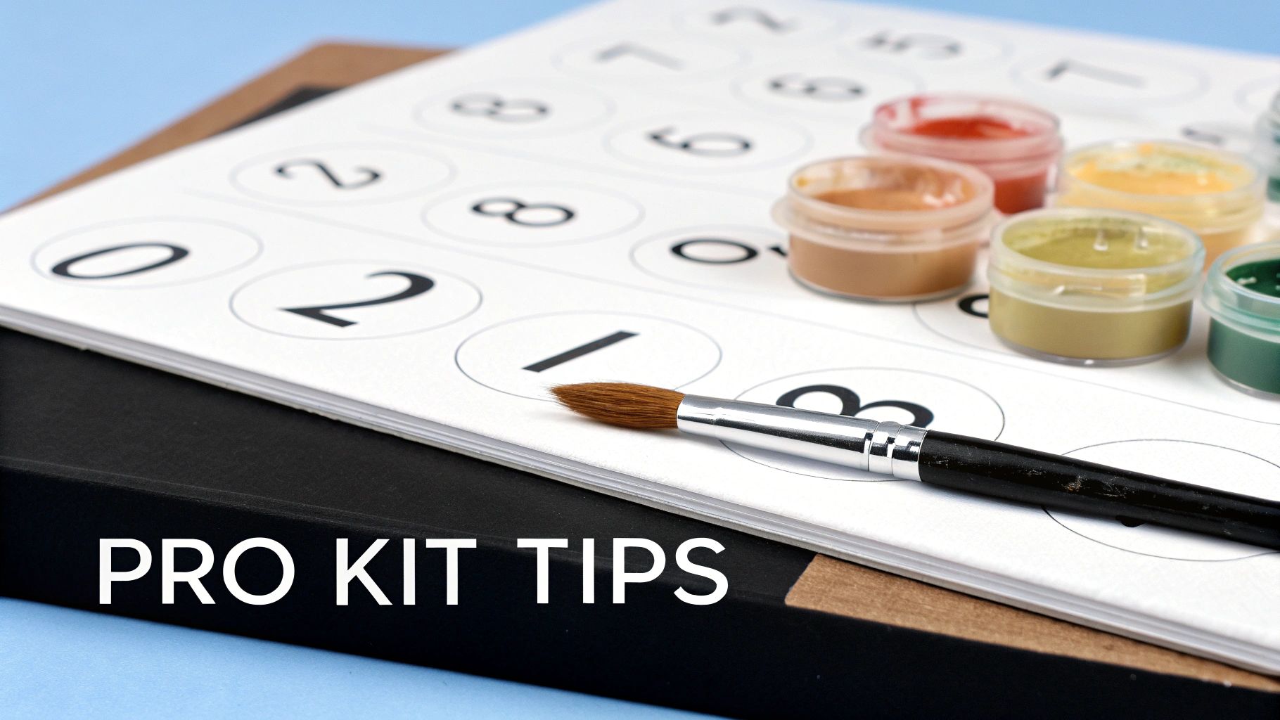 A close-up of a paint-by-number kit, showing a paintbrush, multiple colored paint pots, and a numbered canvas.