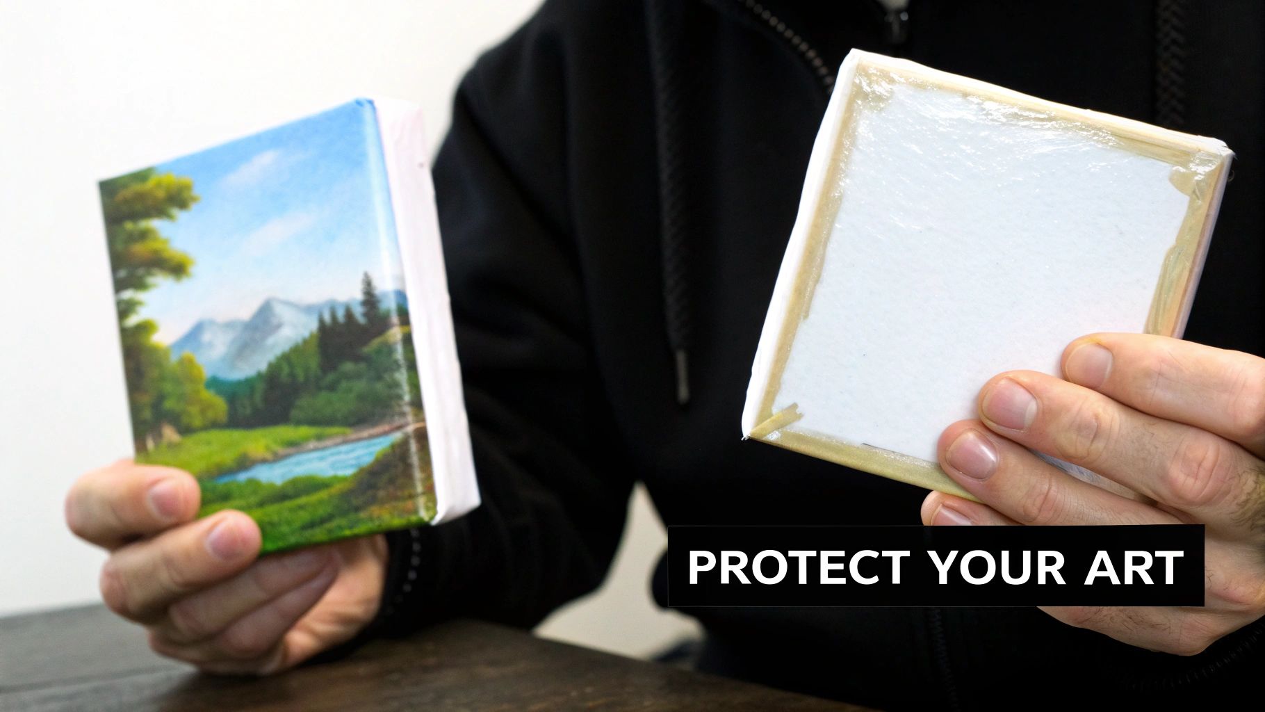 A close-up of an artist's hands applying a clear varnish with a wide, soft brush over a vibrant acrylic painting on canvas.