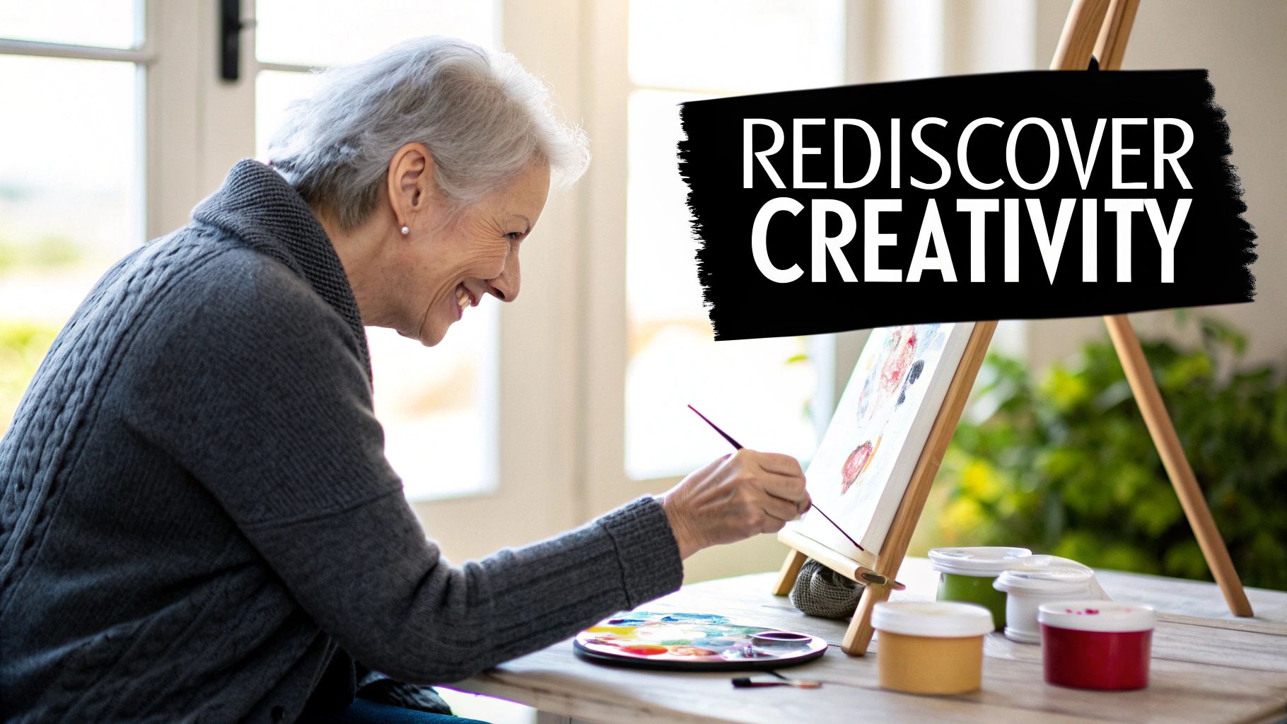 A smiling elderly woman paints on an easel, rediscovering creativity with colorful paints and a palette.