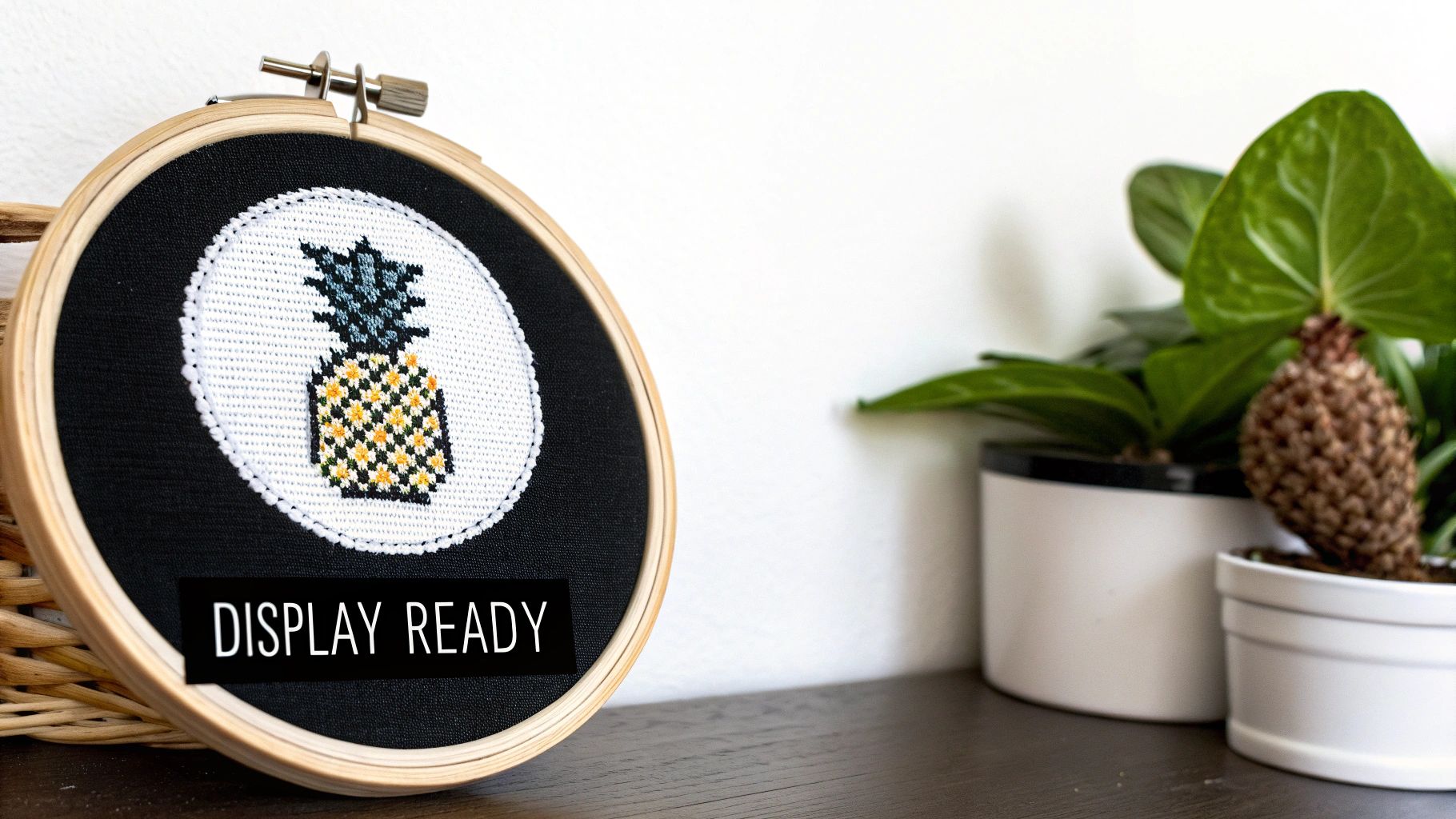 A display-ready cross-stitch art of a pineapple in an embroidery hoop, next to green potted plants.