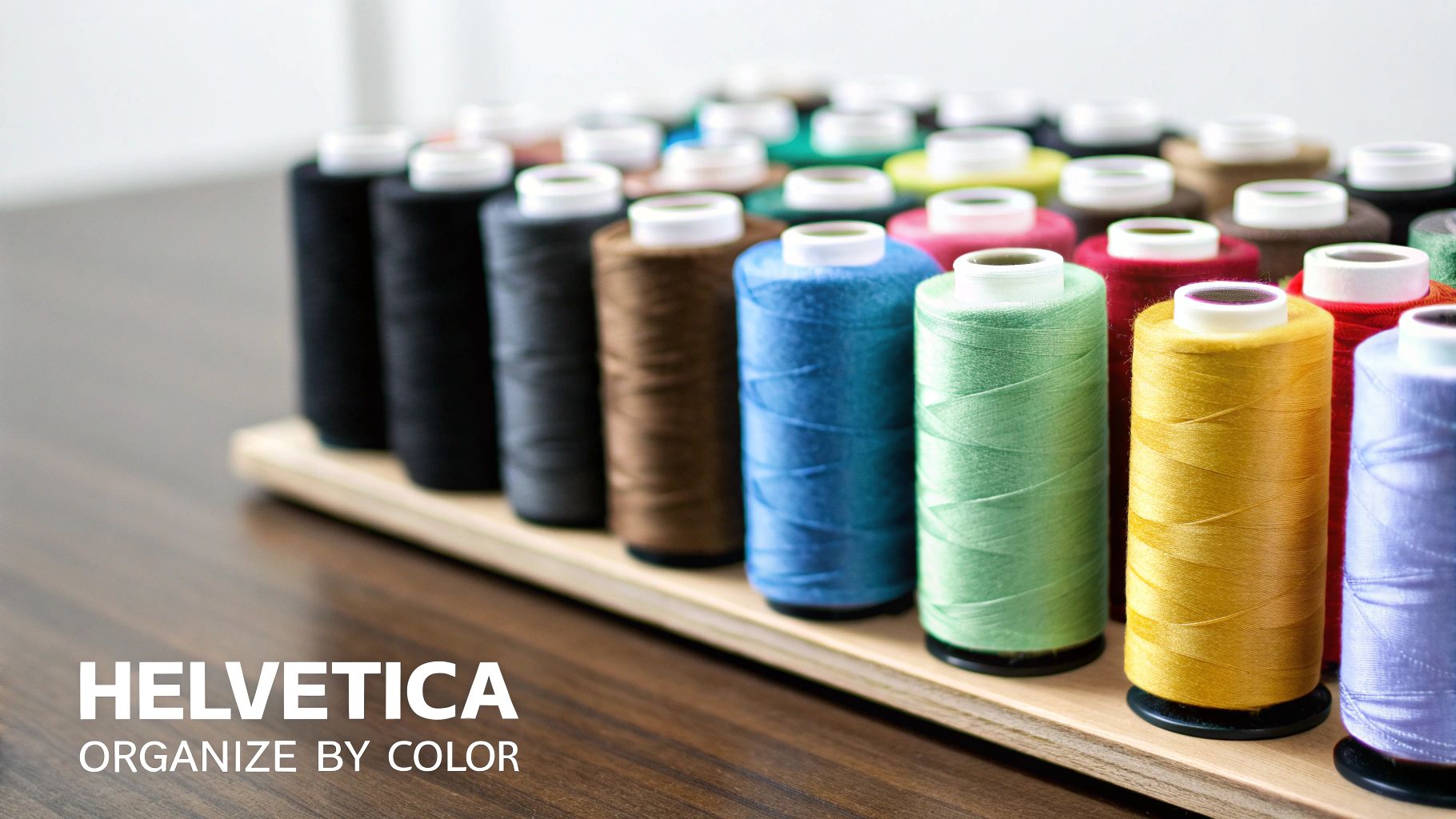 Close-up of vibrant sewing thread spools neatly arranged by color on a wooden organizer.