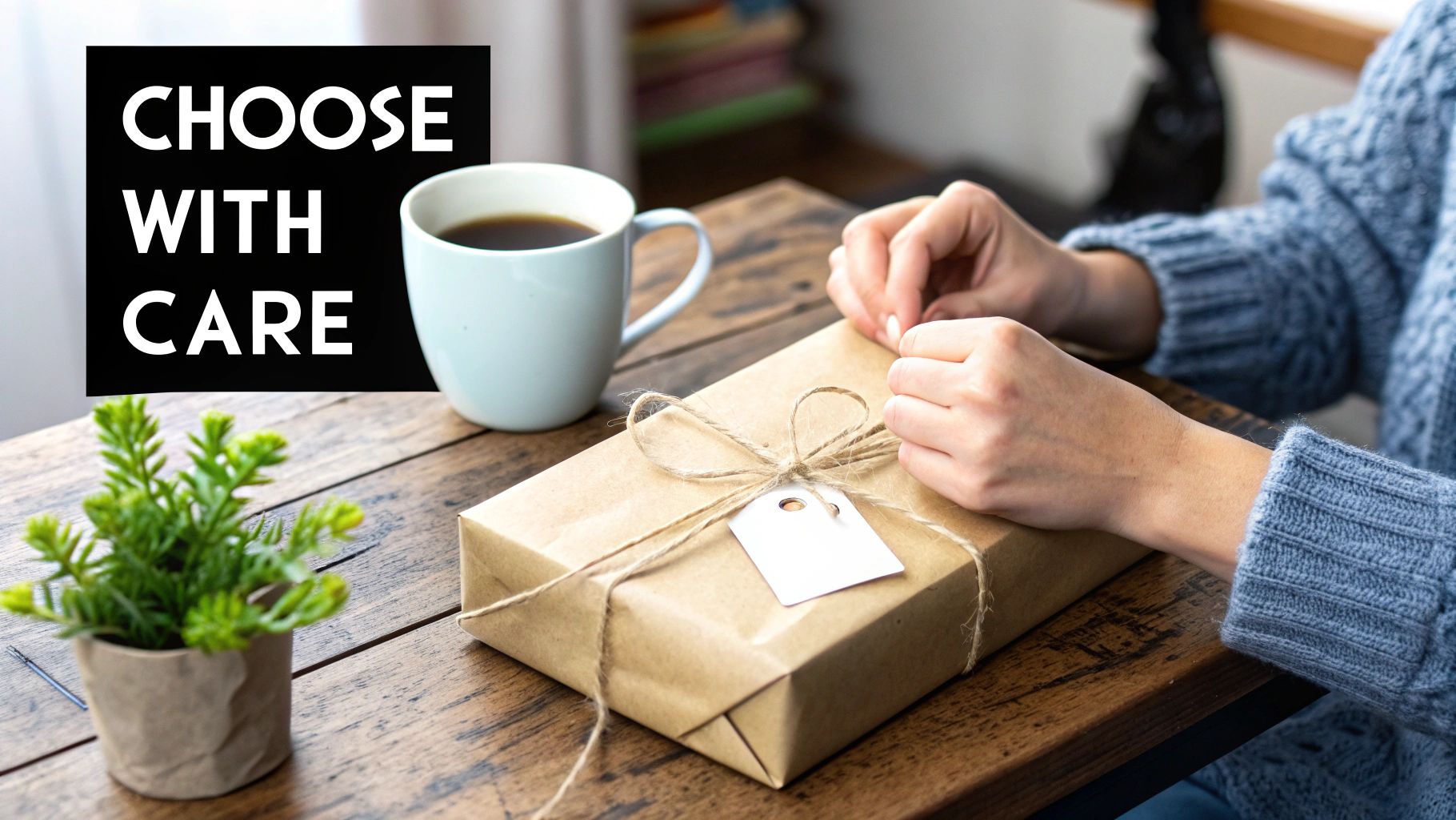 Hands carefully tying twine around a brown paper gift with a tag on a rustic wooden table.