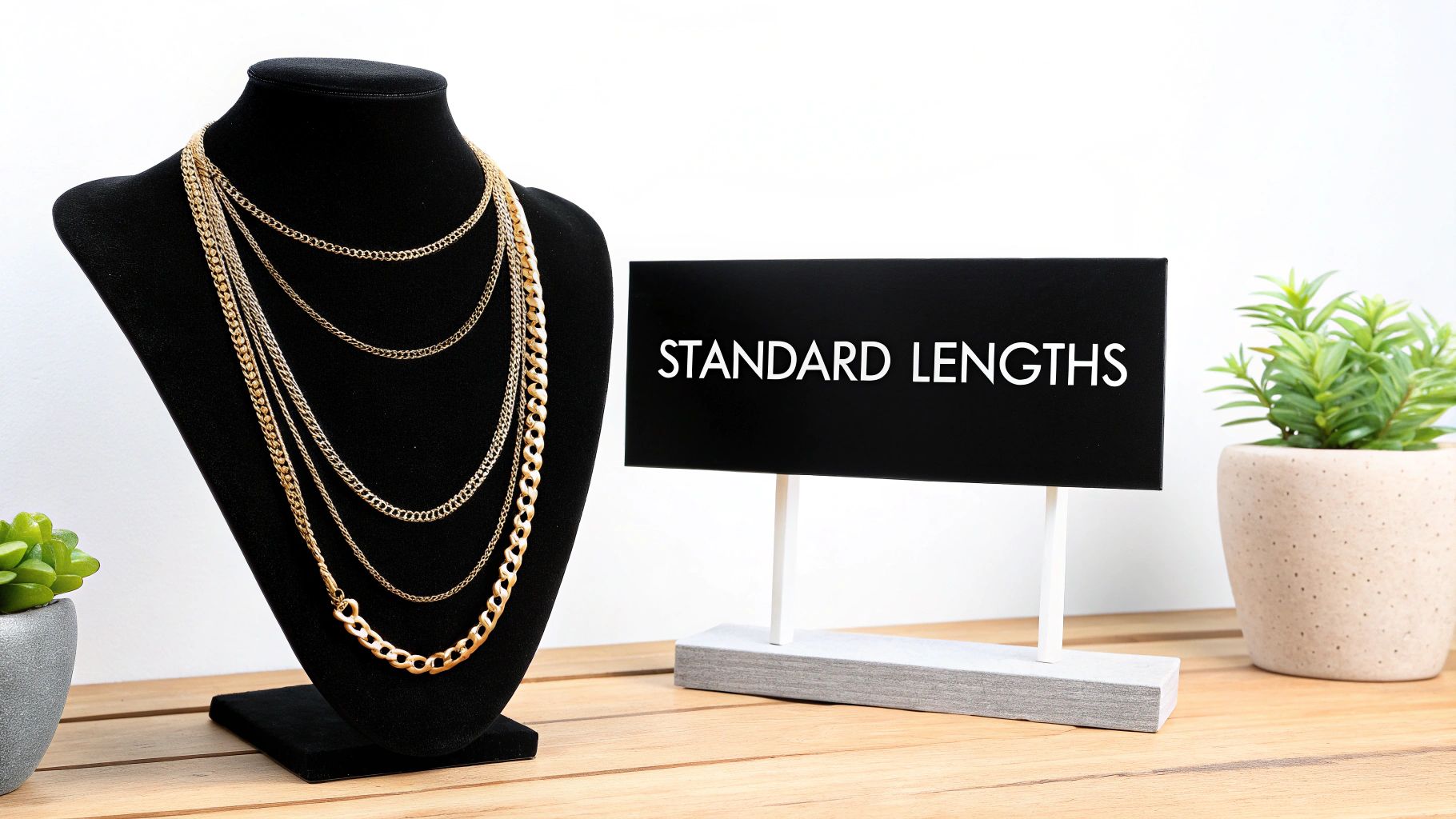 Multiple gold chain necklaces of varying standard lengths displayed on a black jewelry stand with a sign.
