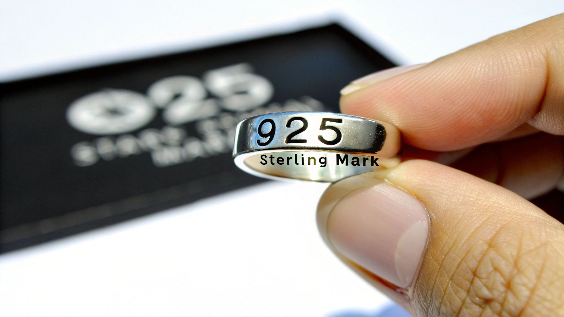 A close-up of a 925 sterling silver ring, showcasing its brilliant shine and intricate details.