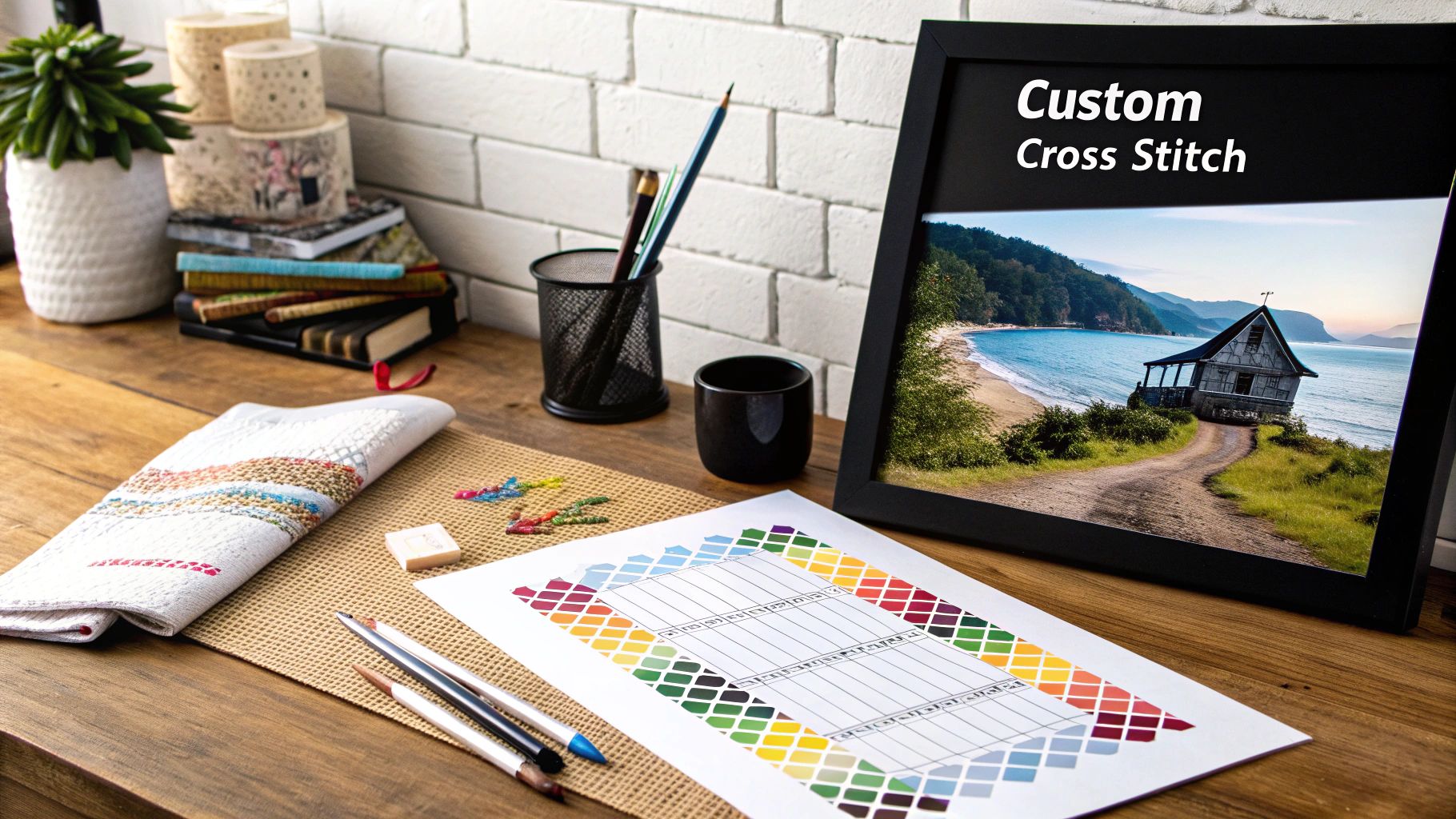 A detailed cross stitch pattern created from a photograph of a pet, showing the intricate color details.