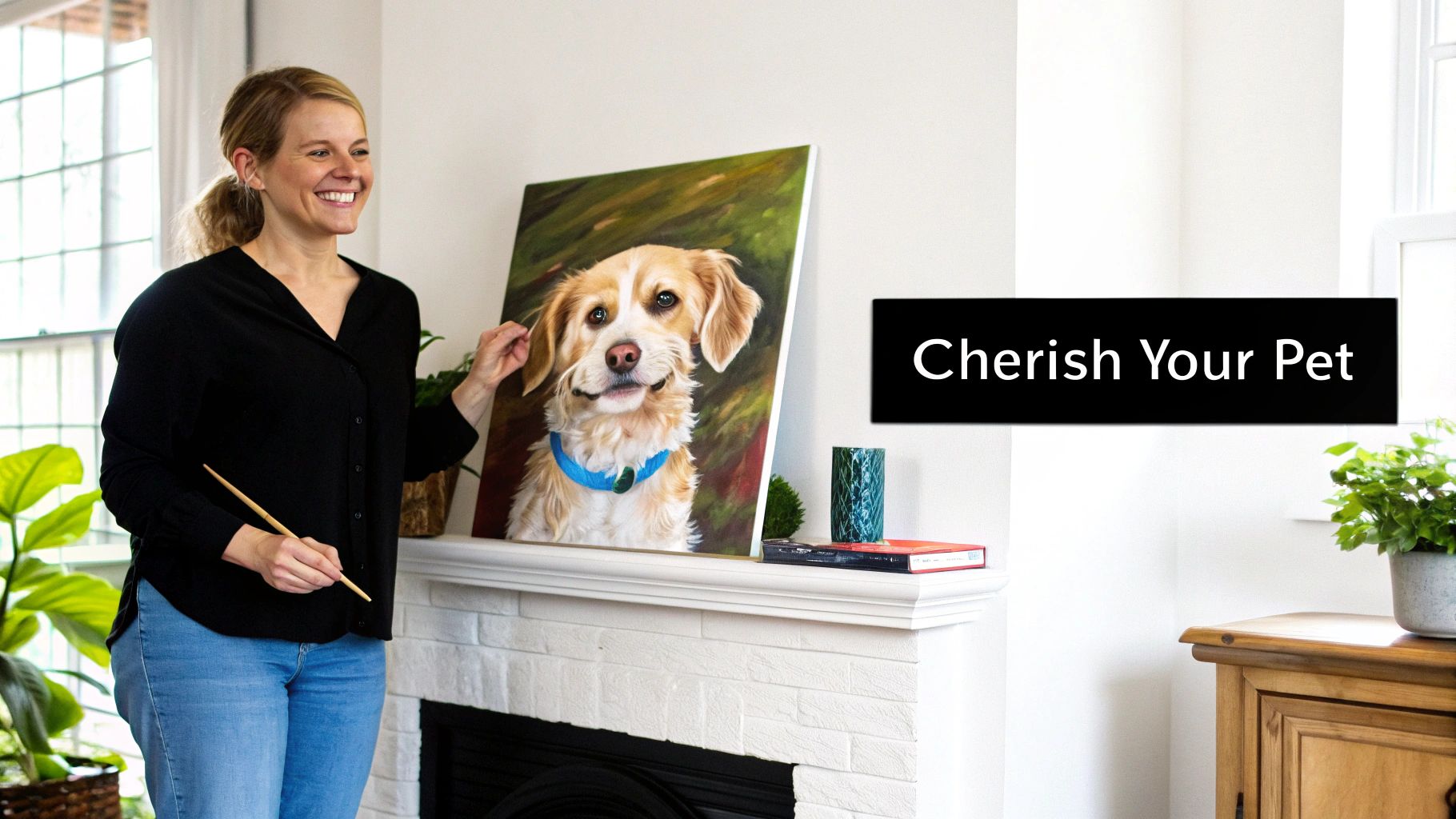 A smiling woman in a black shirt stands next to a vibrant custom painting of a golden dog on an easel, holding a painting stick.