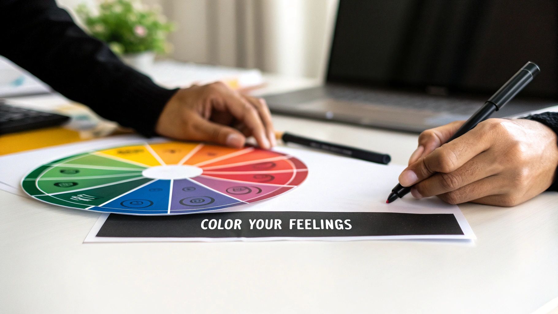A vibrant, hand-drawn emotion color wheel showing various feelings assigned to different color segments.
