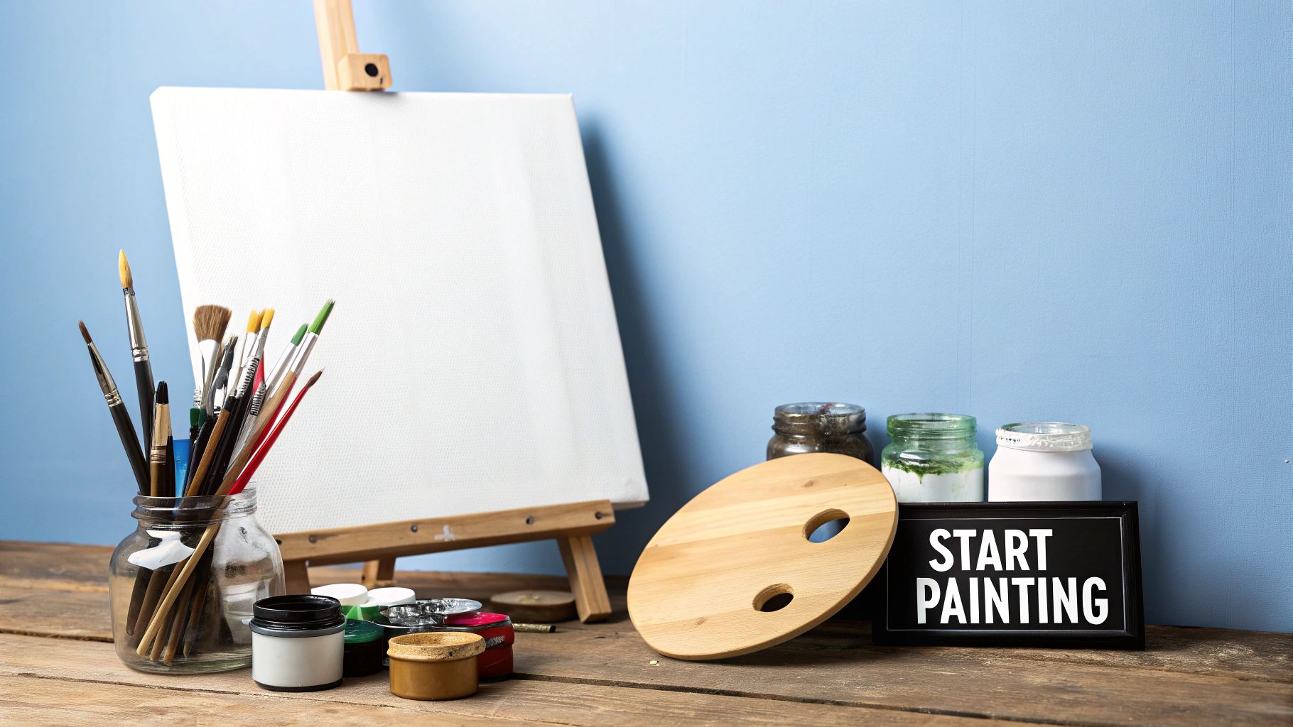 Art supplies for painting on a wooden table with a blank canvas and a 'START PAINTING' sign.