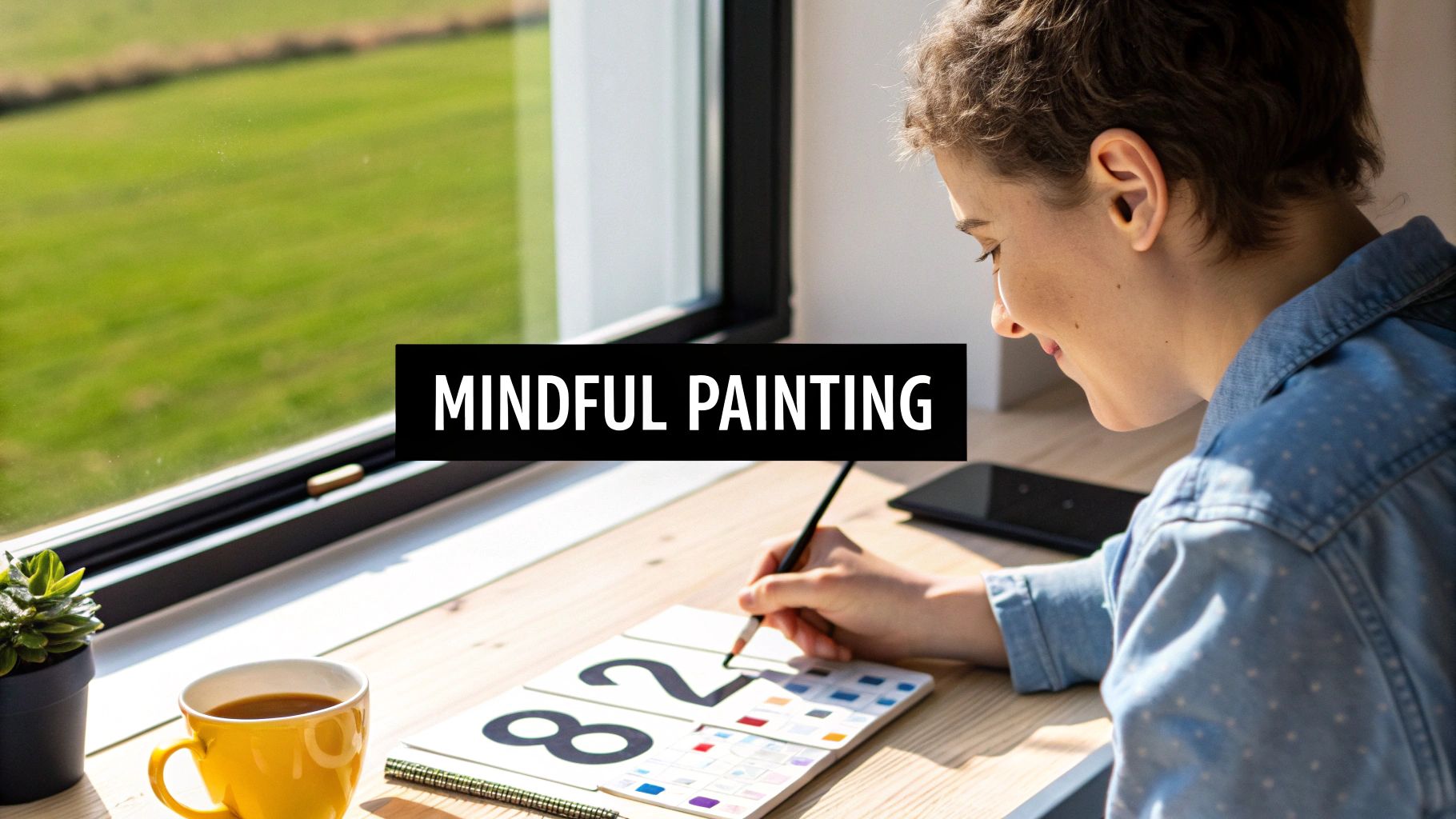 A person meditatively painting a colorful, detailed paint by numbers canvas, looking relaxed and focused.