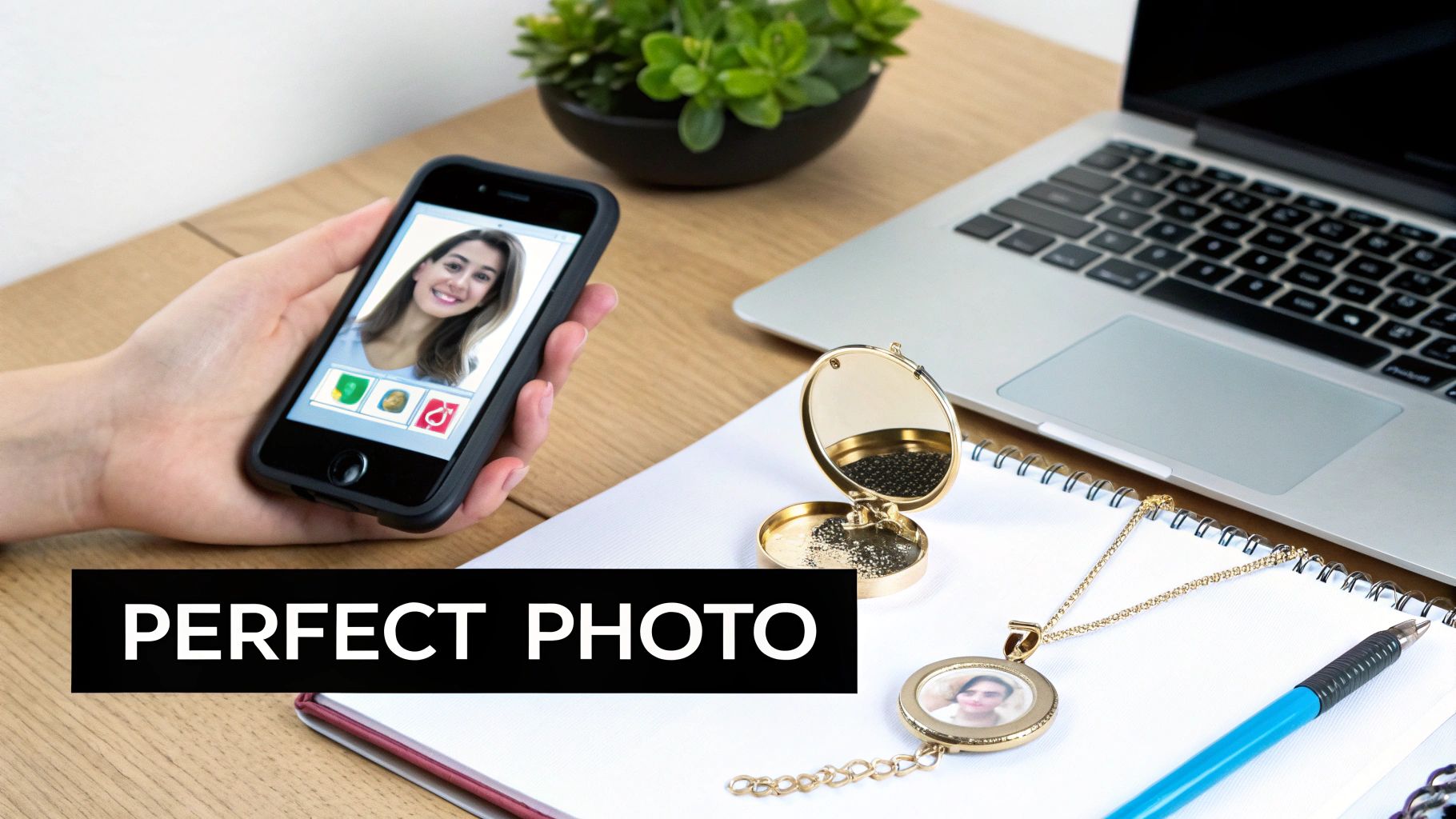 A person holds a smartphone displaying a woman's photo, next to an open locket on a notebook with a pen.