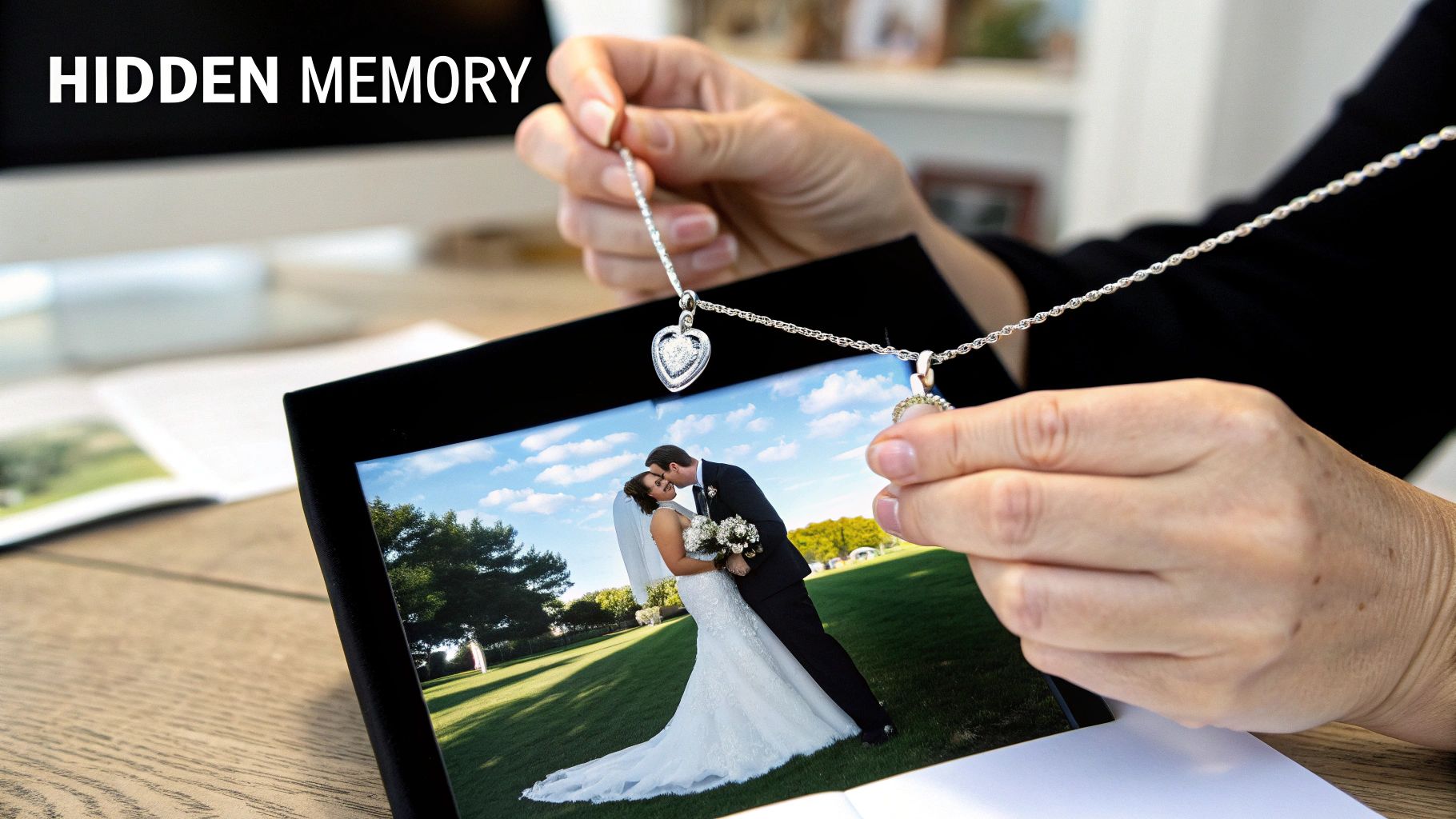 Hands holding a silver heart-shaped locket necklace over a cherished wedding photograph.
