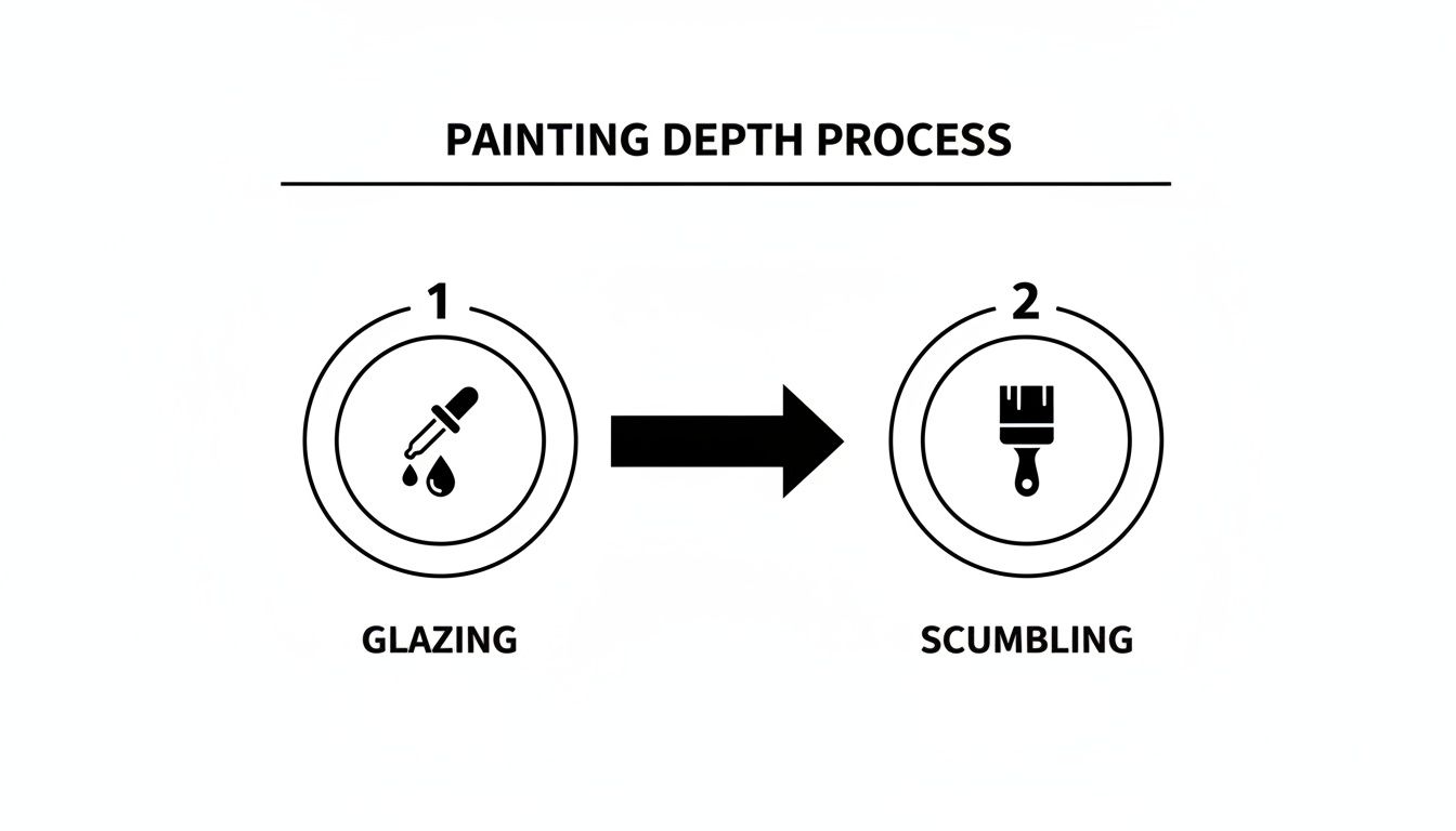 Diagram illustrating the painting depth process, showing glazing with a dropper and scumbling with a paintbrush.