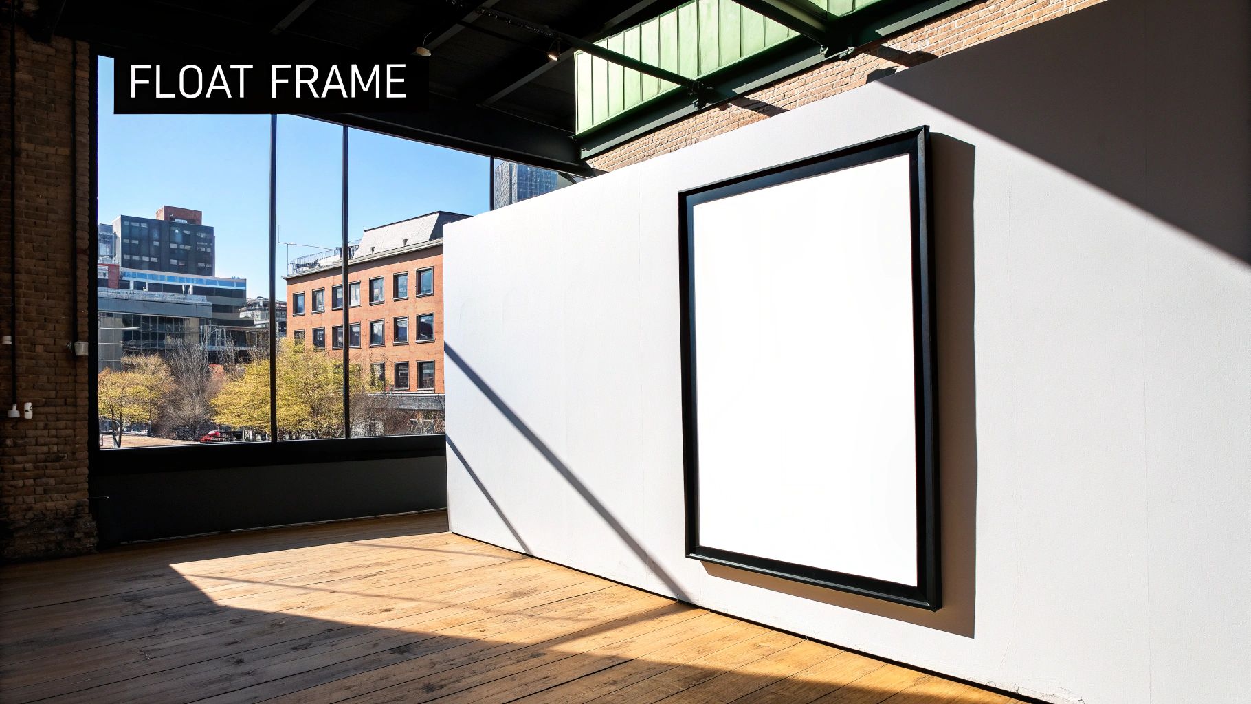 A blank white canvas in a black float frame hangs on a white wall in a sunlit room.
