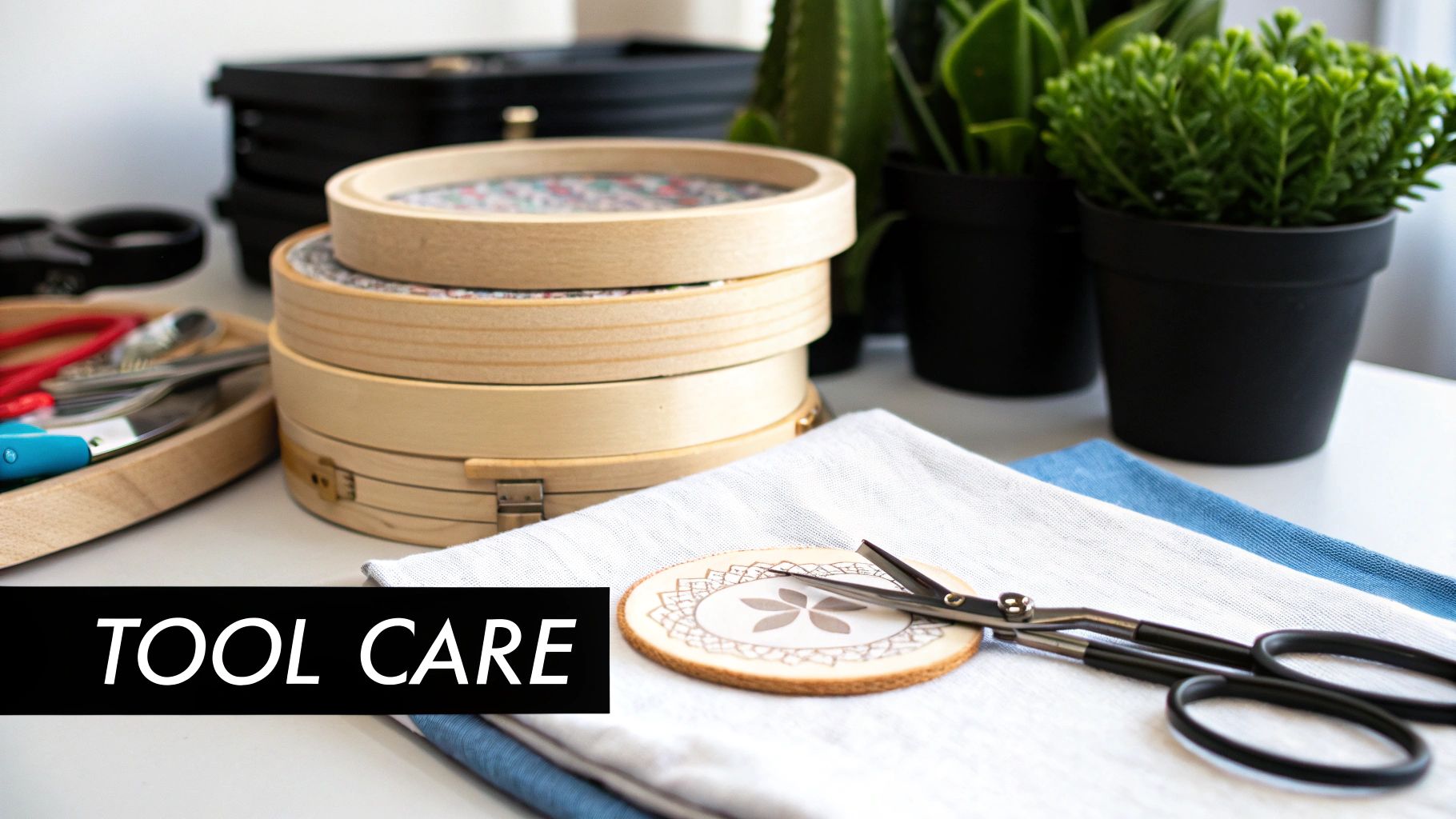 Crafting table with wooden embroidery hoops, scissors, and diverse tools, highlighting tool care.