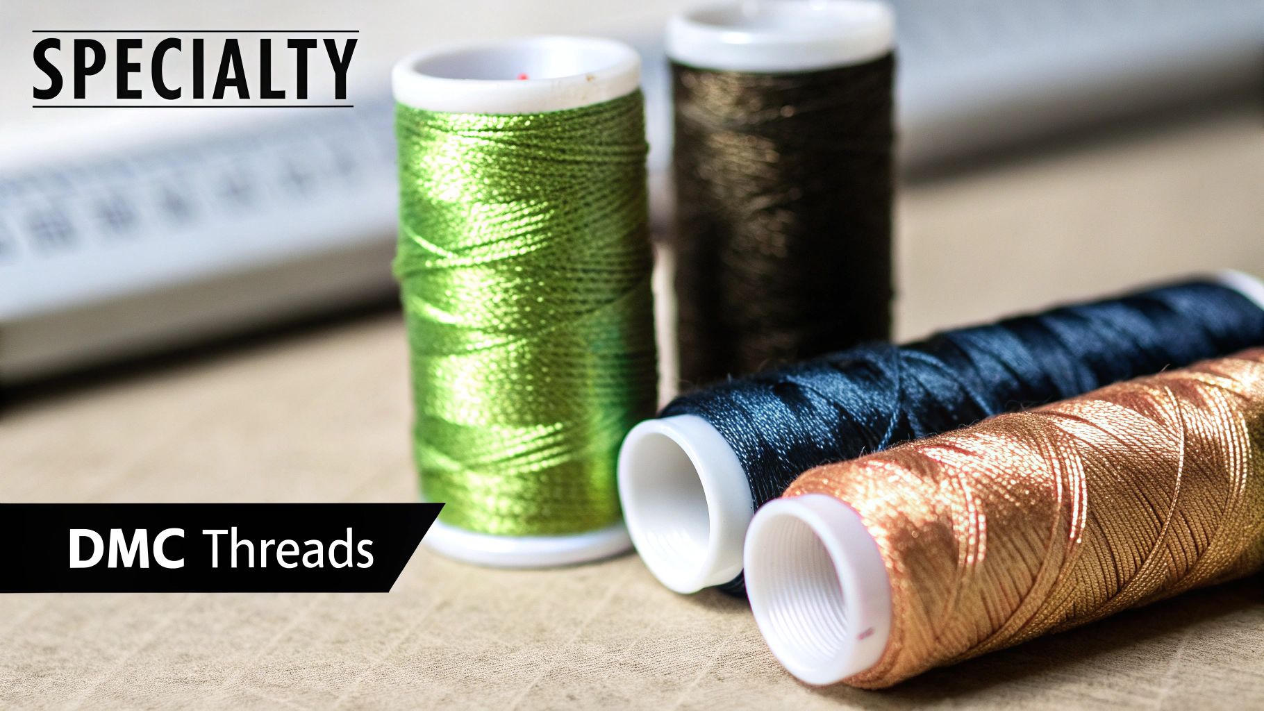 Close-up of specialty DMC threads in green, black, blue, and copper colors on spools.