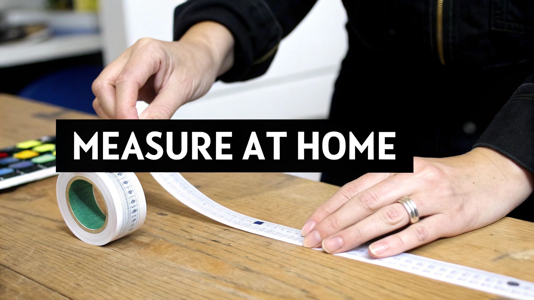 A person's hands using a measuring tape on a wooden table with text 'MEASURE AT HOME'.