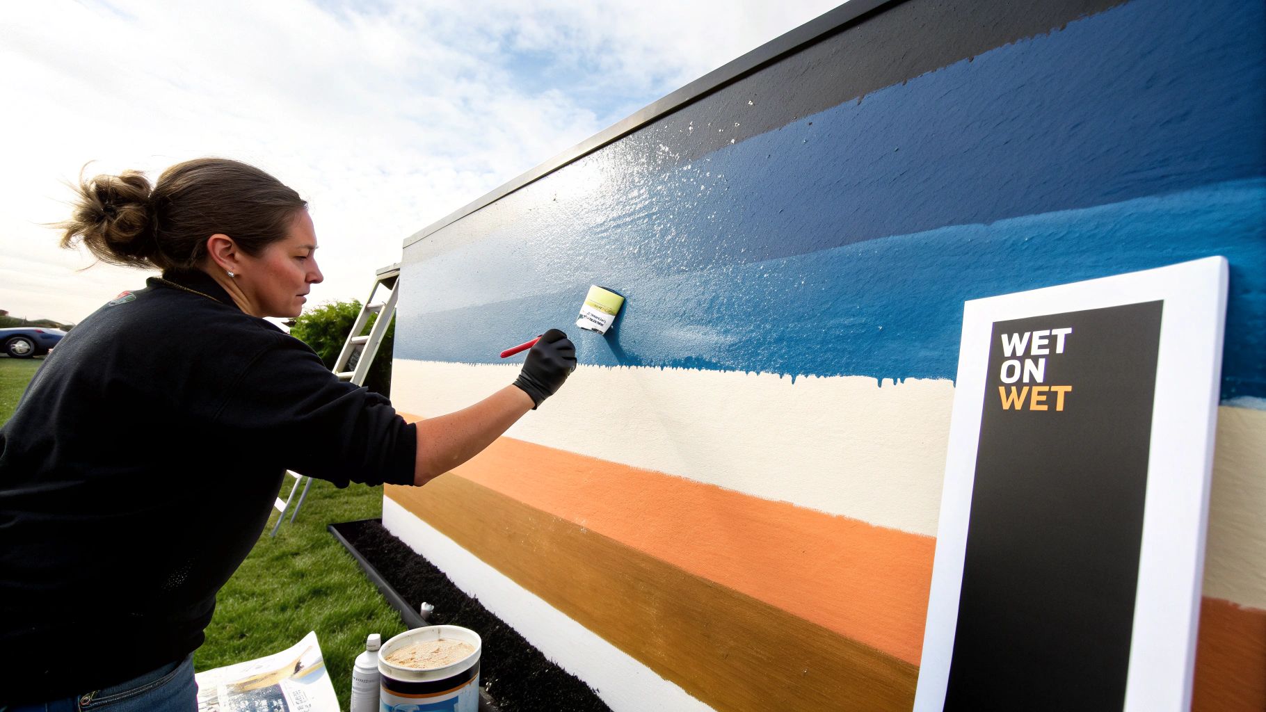 A woman wearing black gloves uses a brush to apply blue paint to a striped wall outdoors.