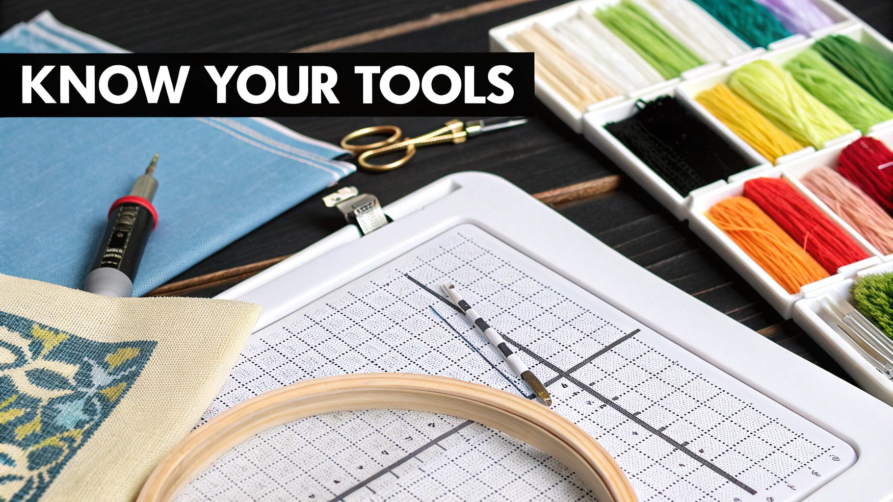 A flat lay of cross-stitch tools and supplies, including colorful floss, pattern chart, and hoop.