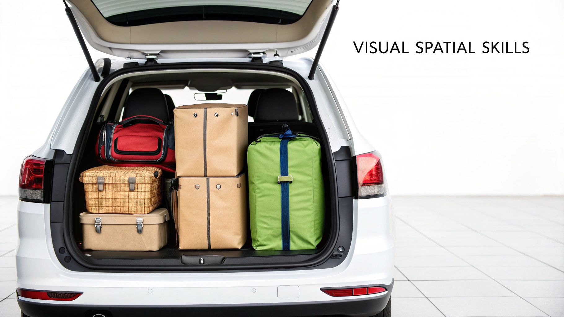 White SUV trunk packed efficiently with red, green bags, and brown boxes, demonstrating visual spatial skills.