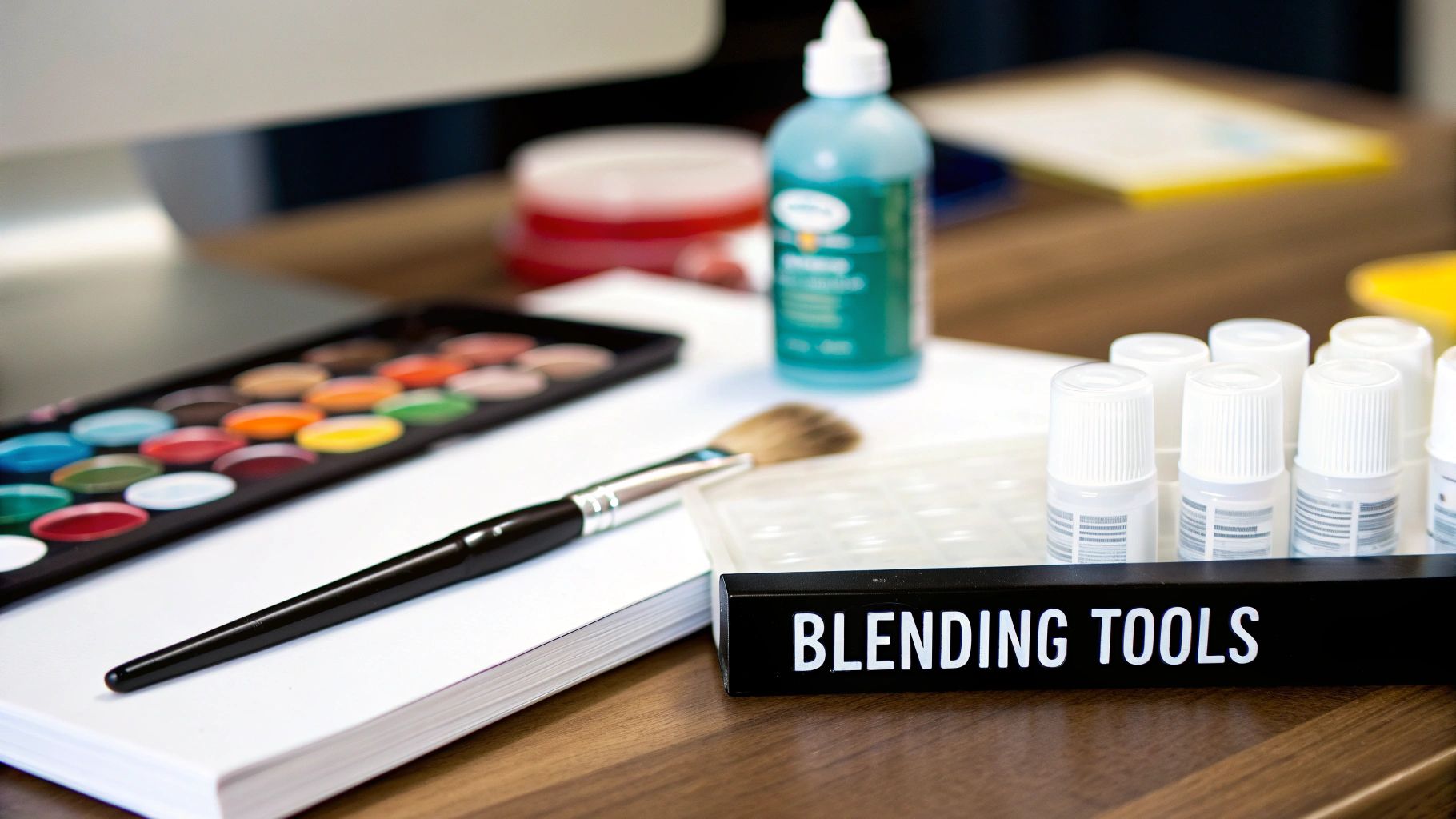 Close-up of art blending tools including watercolors, paintbrush, and small bottles on a wooden desk.