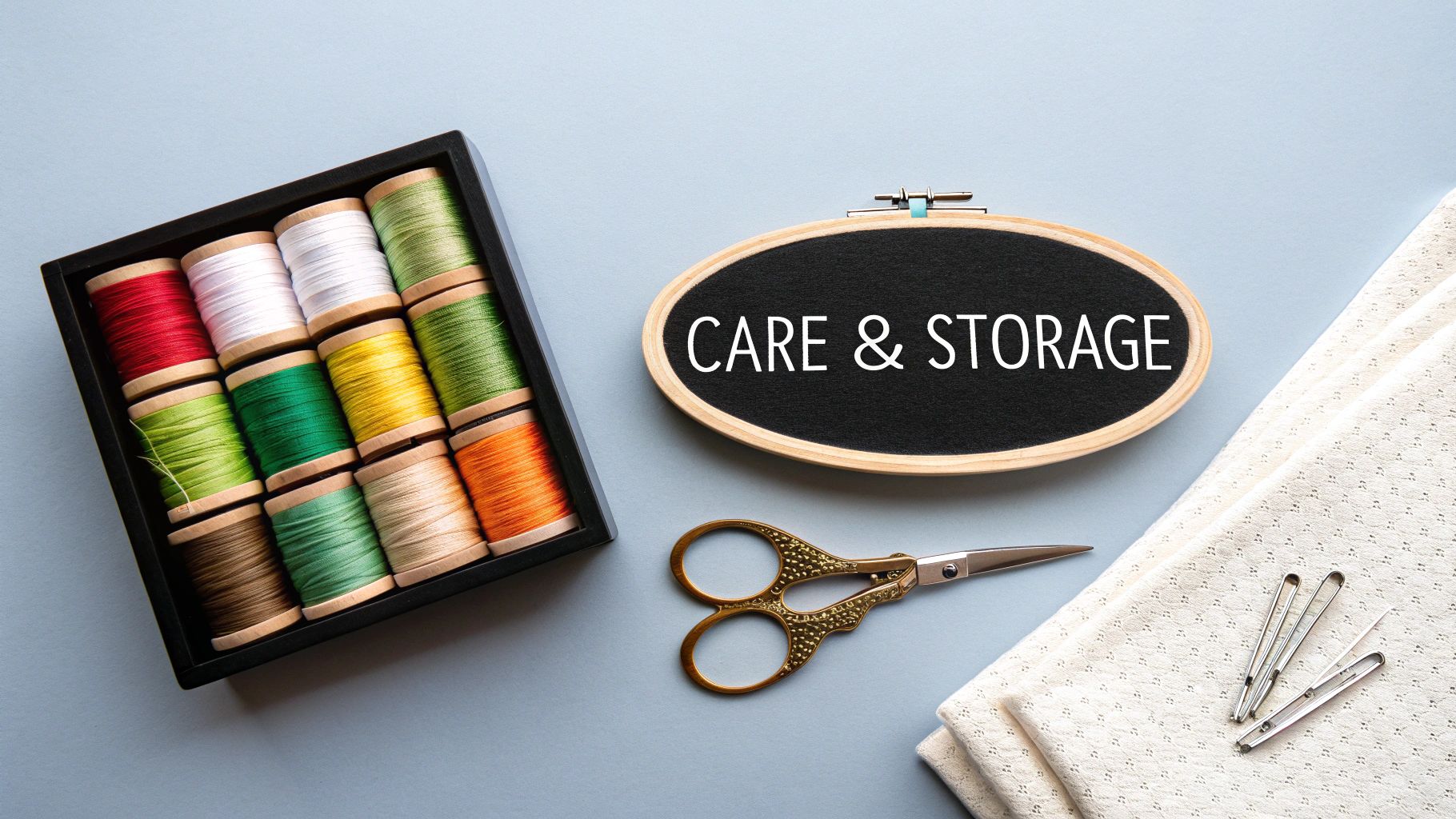 A flat lay of colorful embroidery thread spools, vintage scissors, and a chalkboard sign reading "CARE & STORAGE."