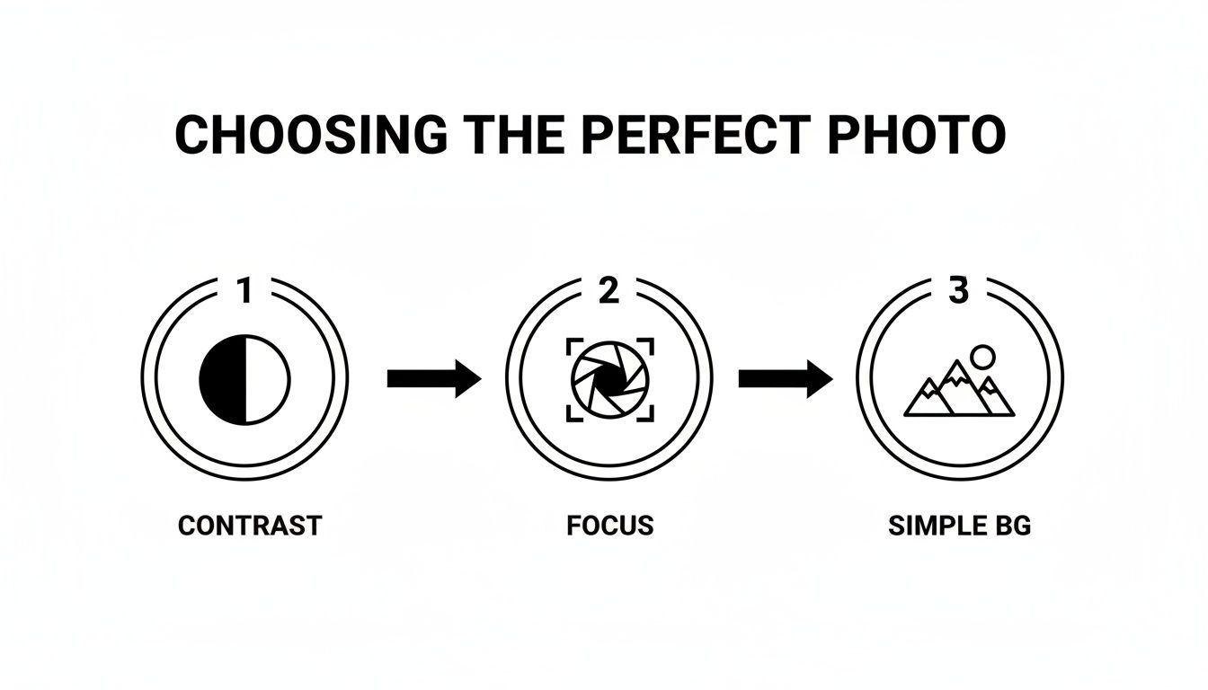 A flowchart showing three steps for choosing the perfect photo: Contrast, Focus, and Simple Background.