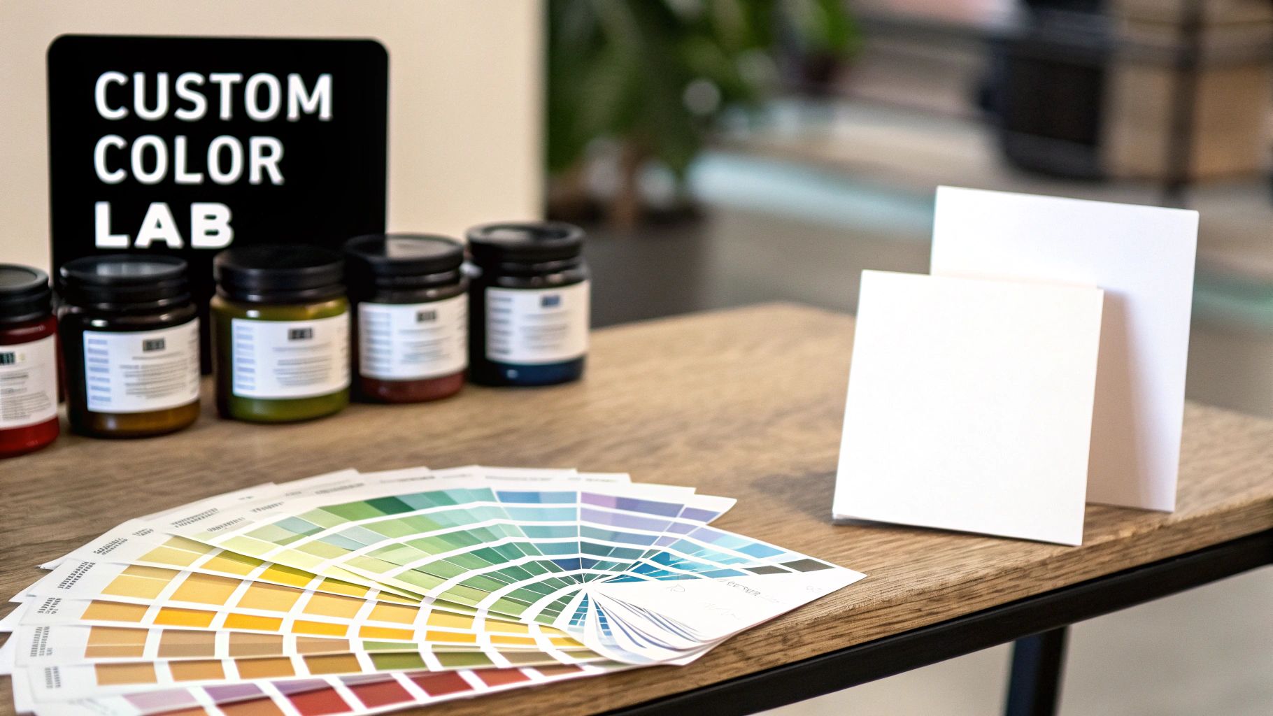 A custom color lab setup with paint jars, a color fan deck, and white cards on a wooden table.
