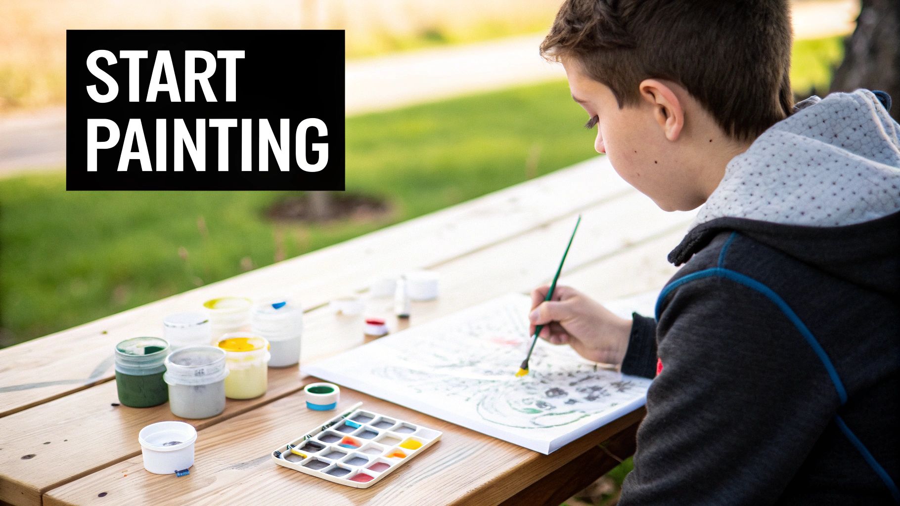 A child focuses on painting with a brush and watercolors on a canvas at a picnic table, with "START PAINTING" text.