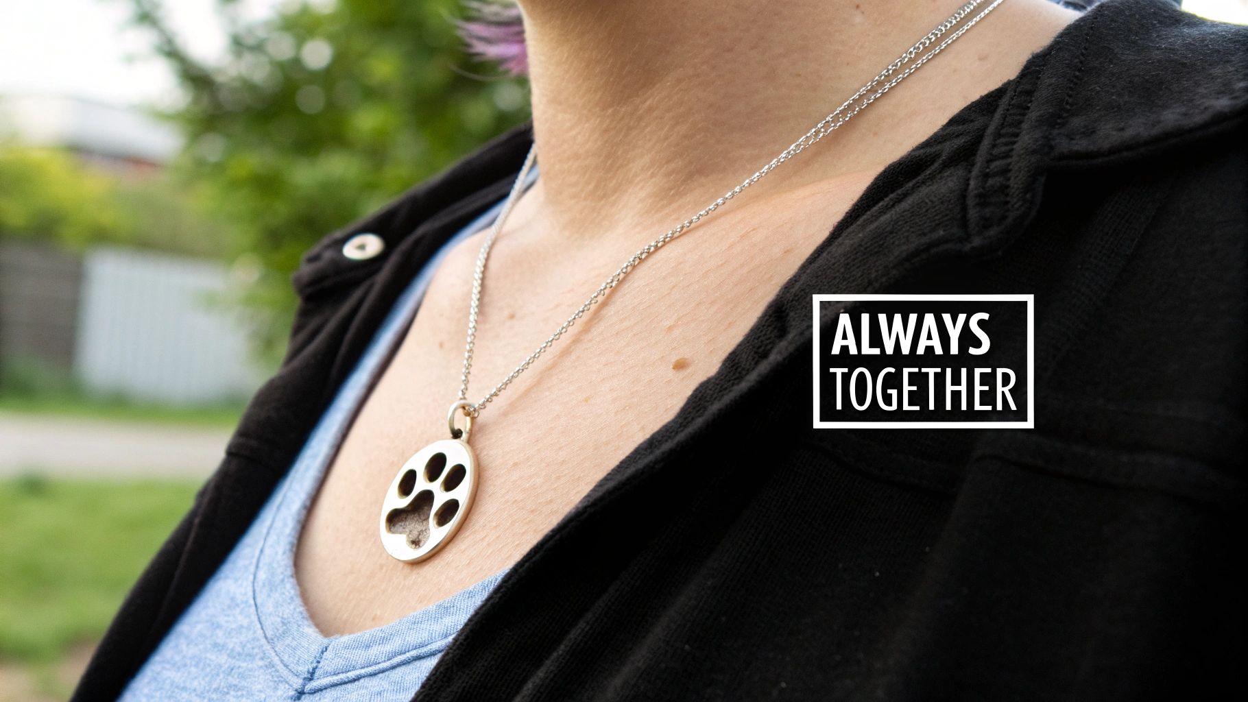 A woman wearing a custom pet jewelry necklace while holding her cat.