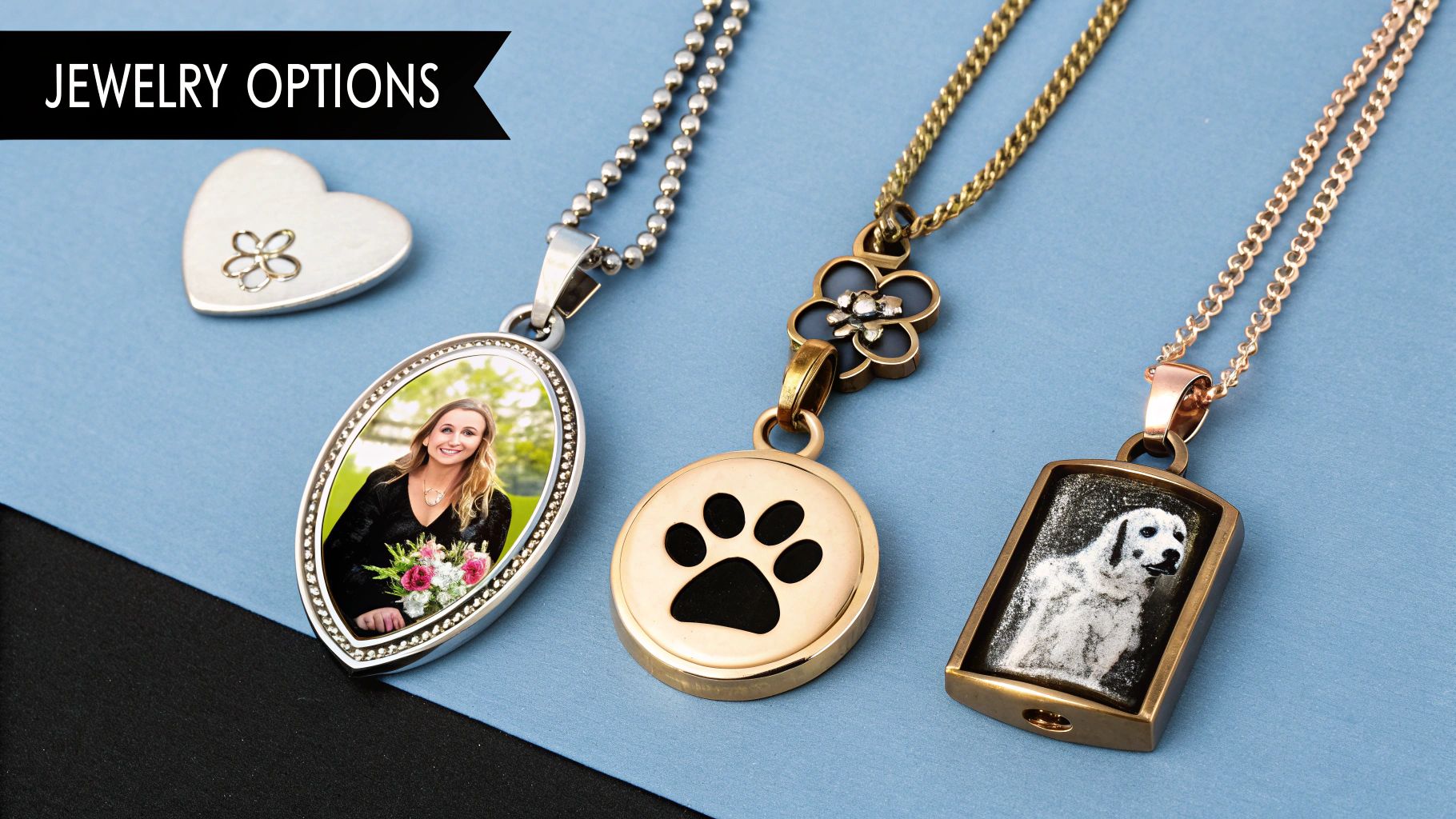 A close-up of a silver necklace with a custom pet paw print on it.
