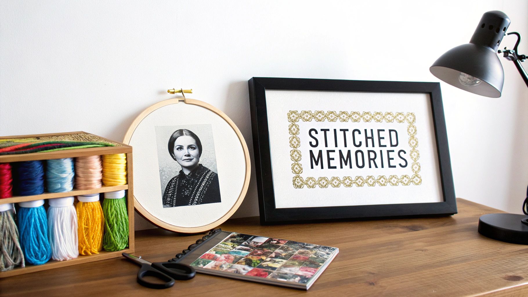 A crafting desk with spools of colorful thread, an embroidery hoop with a photo, and a framed 'Stitched Memories' art piece.