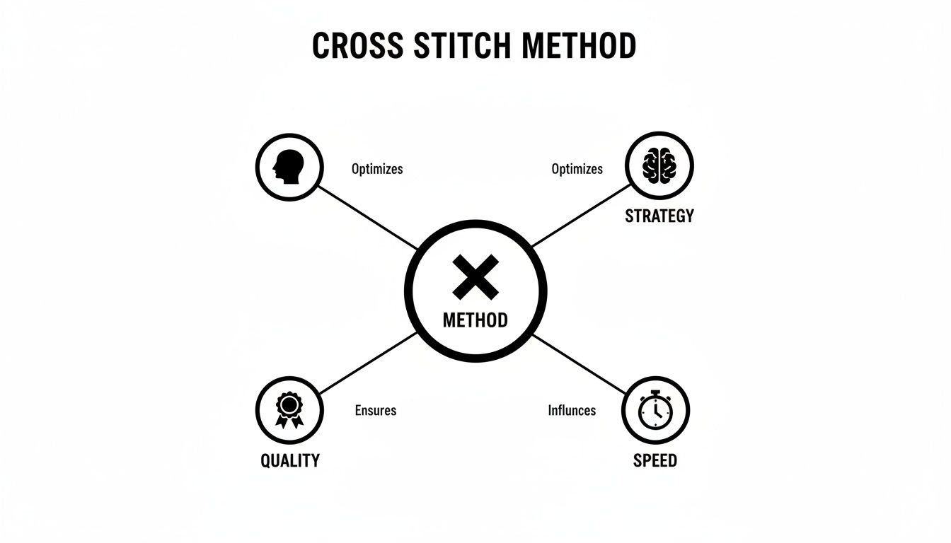 Cross Stitch Method diagram showing the central method optimizing strategy, ensuring quality, and influencing speed.