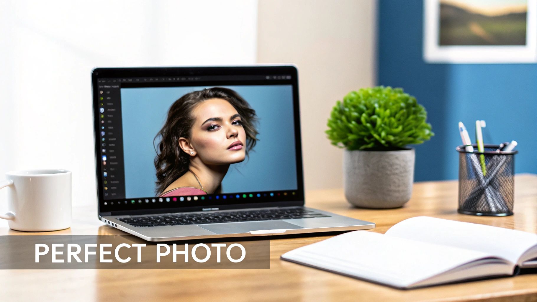 A laptop displaying a portrait photo of a woman, surrounded by a mug, plant, and open notebook on a desk.