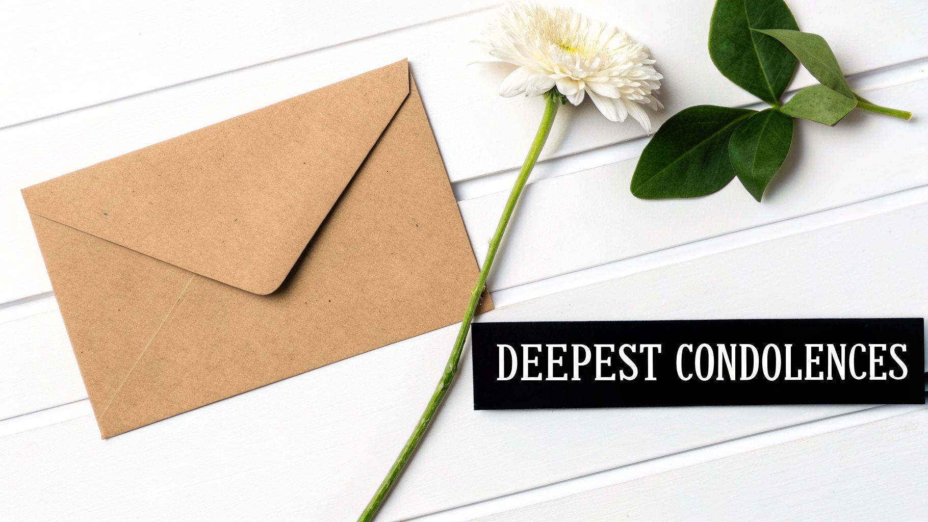 Deepest condolences text with kraft envelopes, white flower, and green leaves on white wooden background