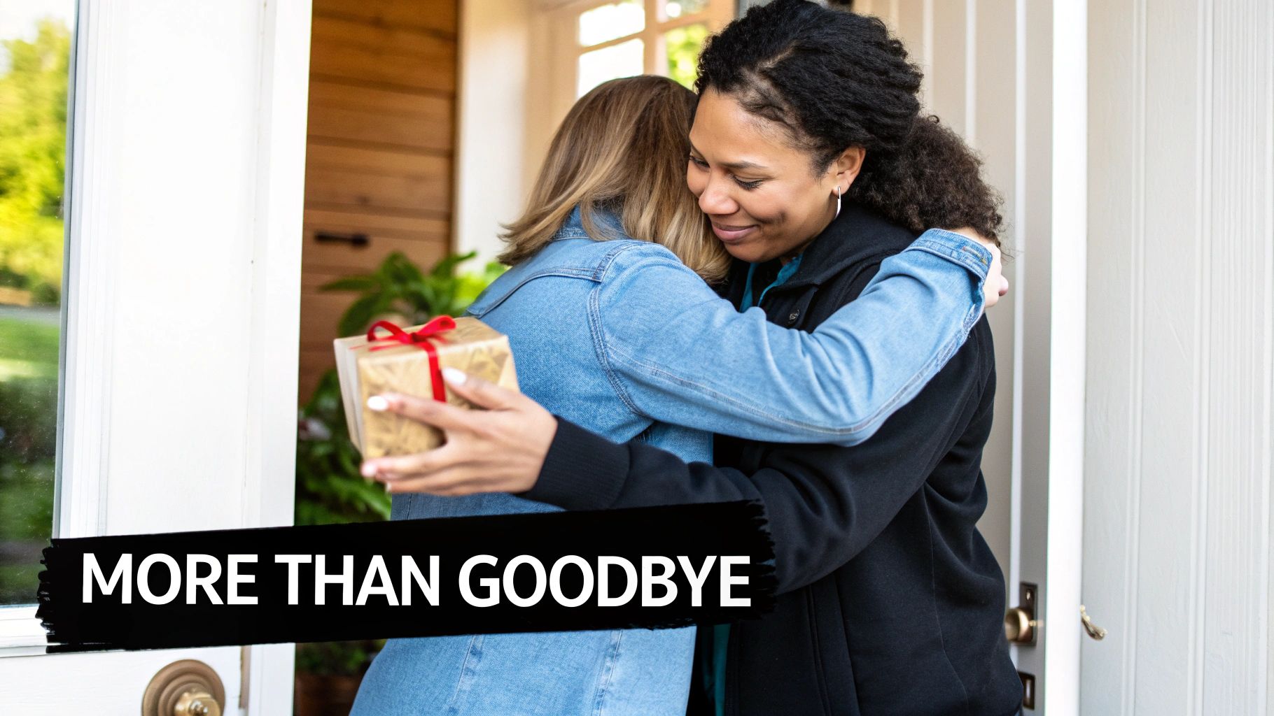 Two smiling women share a warm hug at a doorway, one holding a beautifully wrapped farewell gift.
