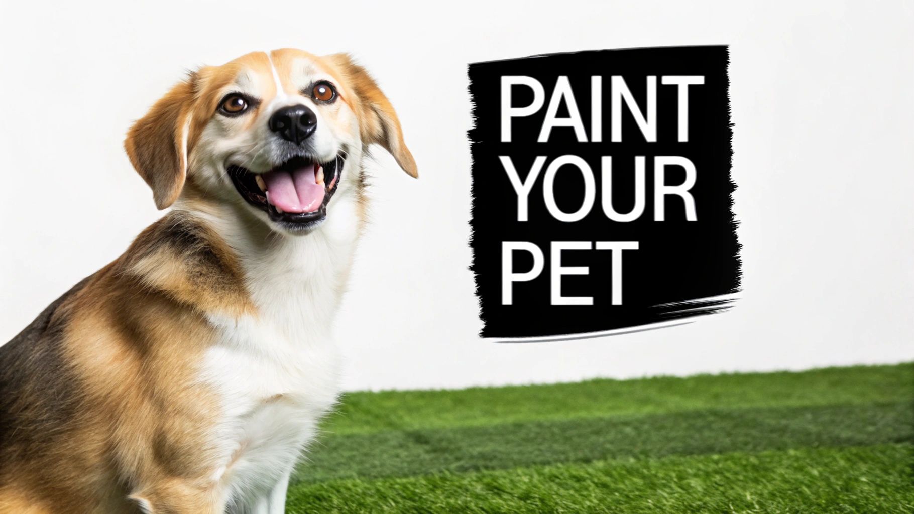 A happy brown and white dog sits on green grass next to a 'Paint Your Pet' sign.